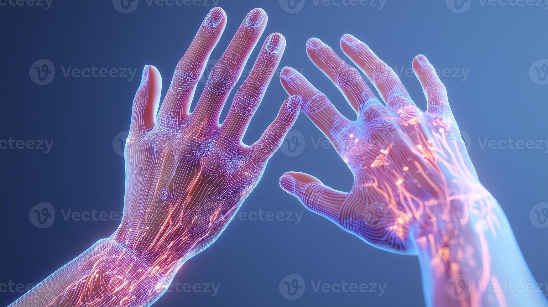 Futuristic synthetic skin technology for human transplantation, illuminated neural networks for prosthetics, phantom pain research, nerve healing innovation, biotechnology, future healthcare. photo