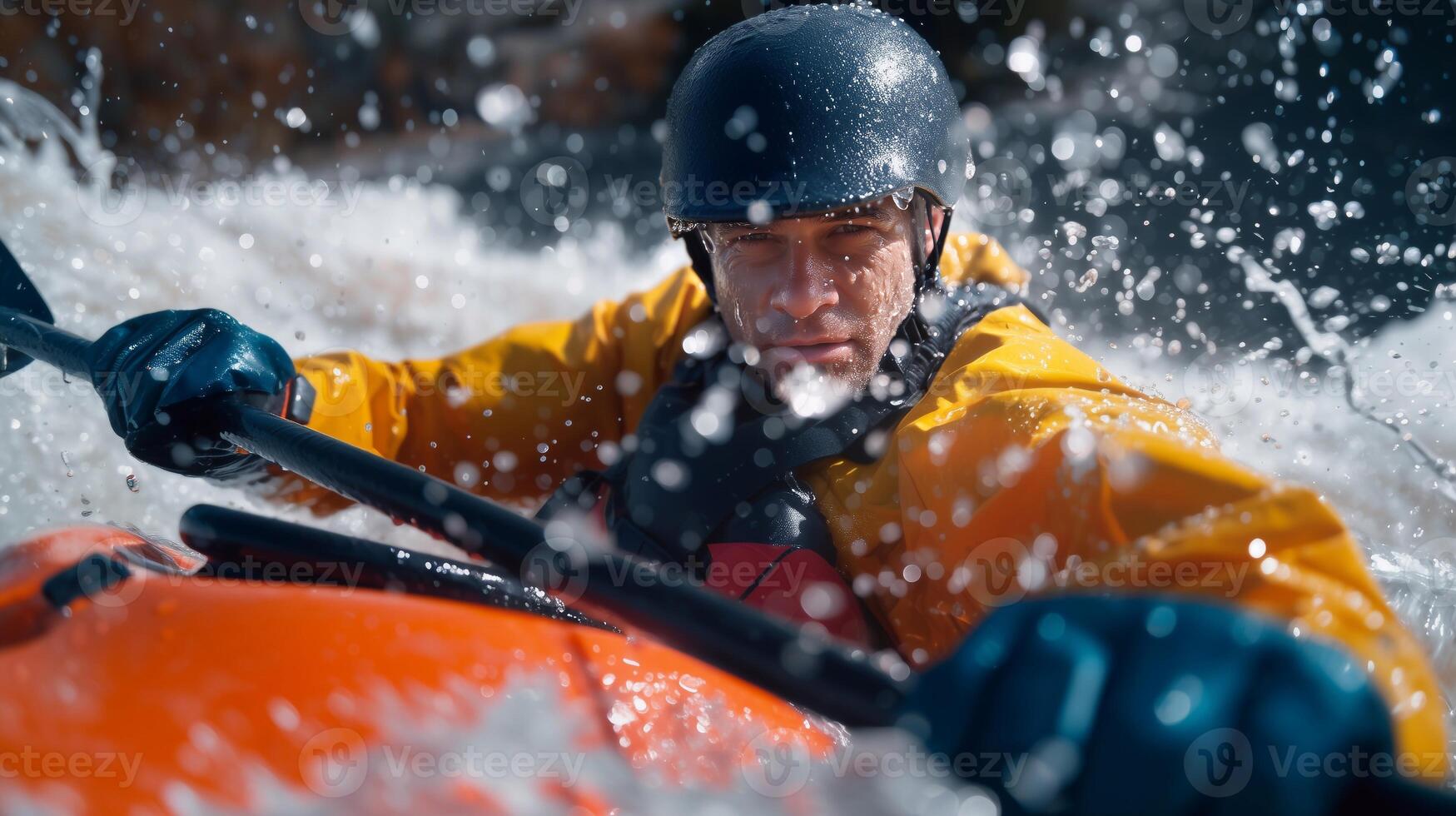 Man kayaking in whitewater rapids wearing helmet and yellow jacket, intense expression, water splashing, extreme outdoor sport, adventure, focus, energy, river challenge, action moment. photo