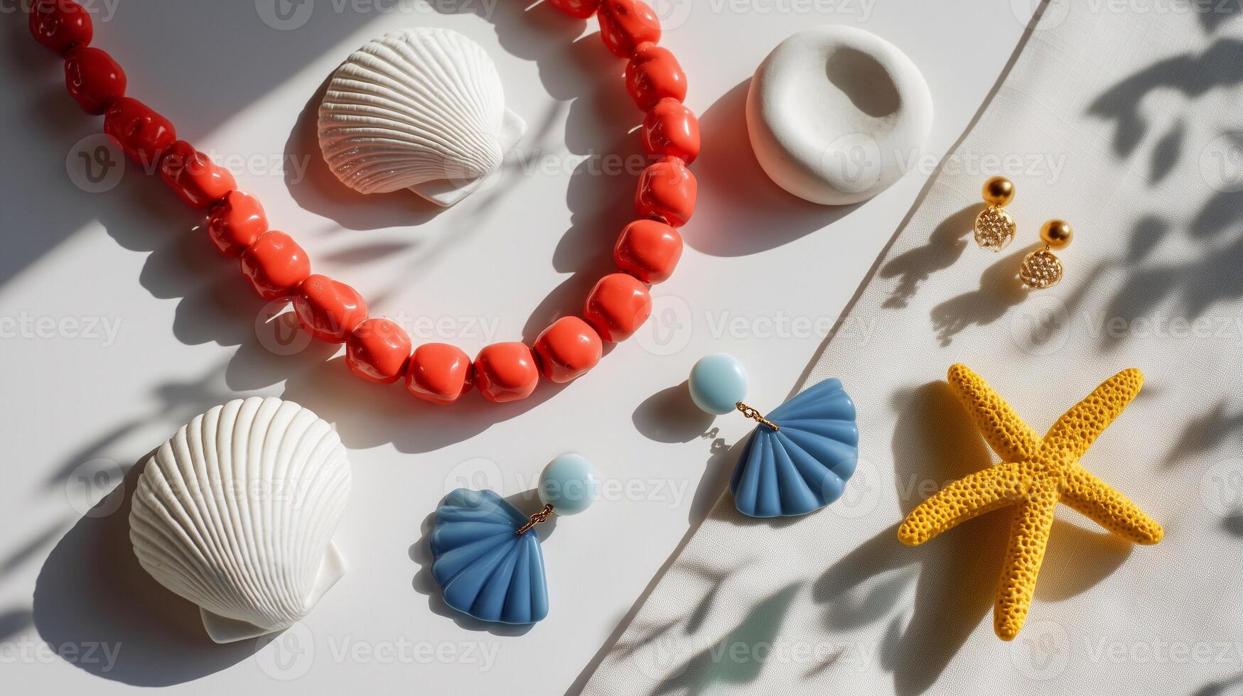 Flat lay of handmade jewelry with natural shapes and ocean-inspired elements. Bright accessories, shells and starfish in sunlight. Summer beach mood, bold colors, playful and artistic vibe. photo
