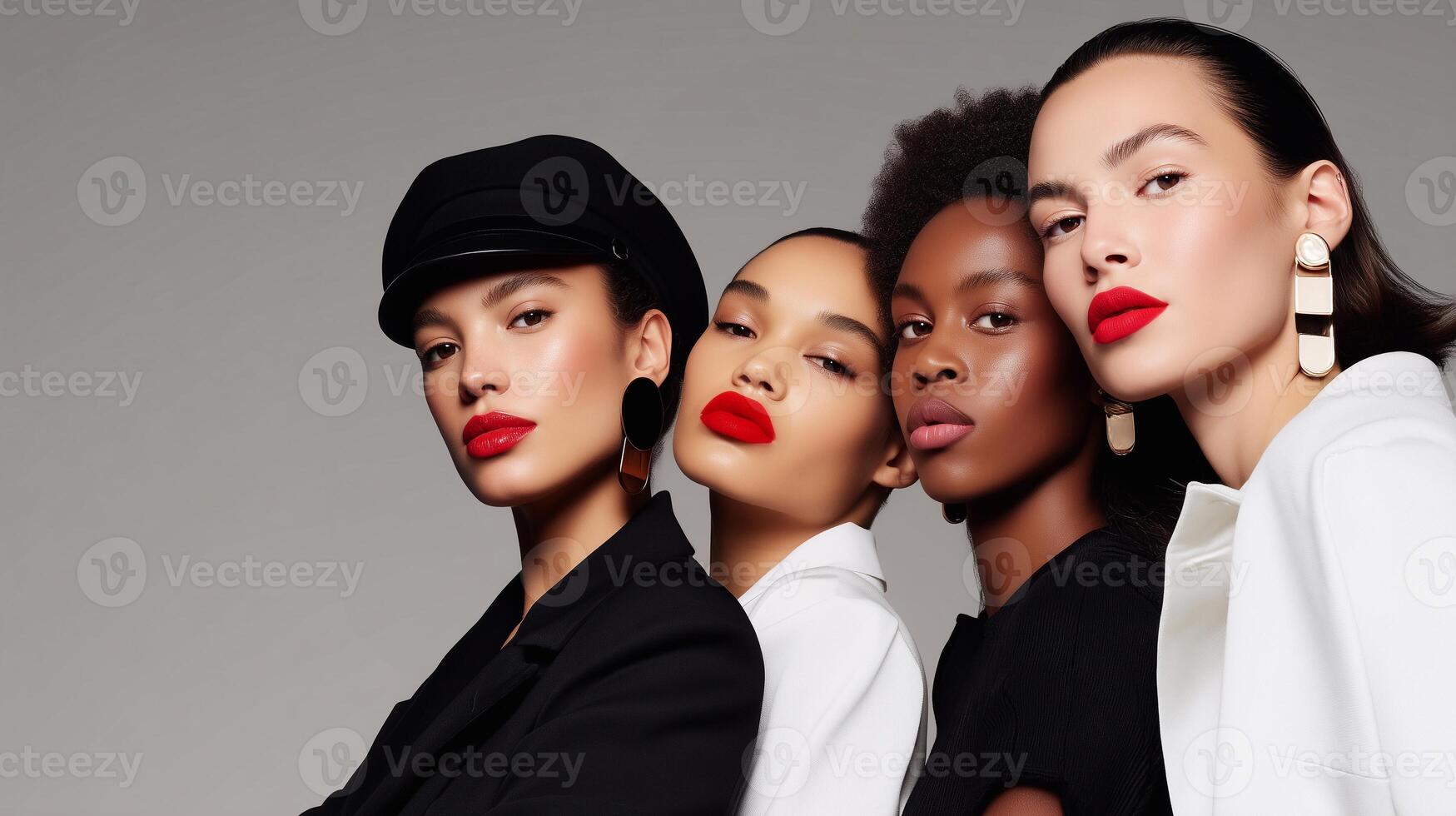 Diverse group of fashion models with bold red lipstick and flawless makeup posing in studio, representing beauty, elegance, high fashion, modern style, confidence, empowerment, and luxury. photo