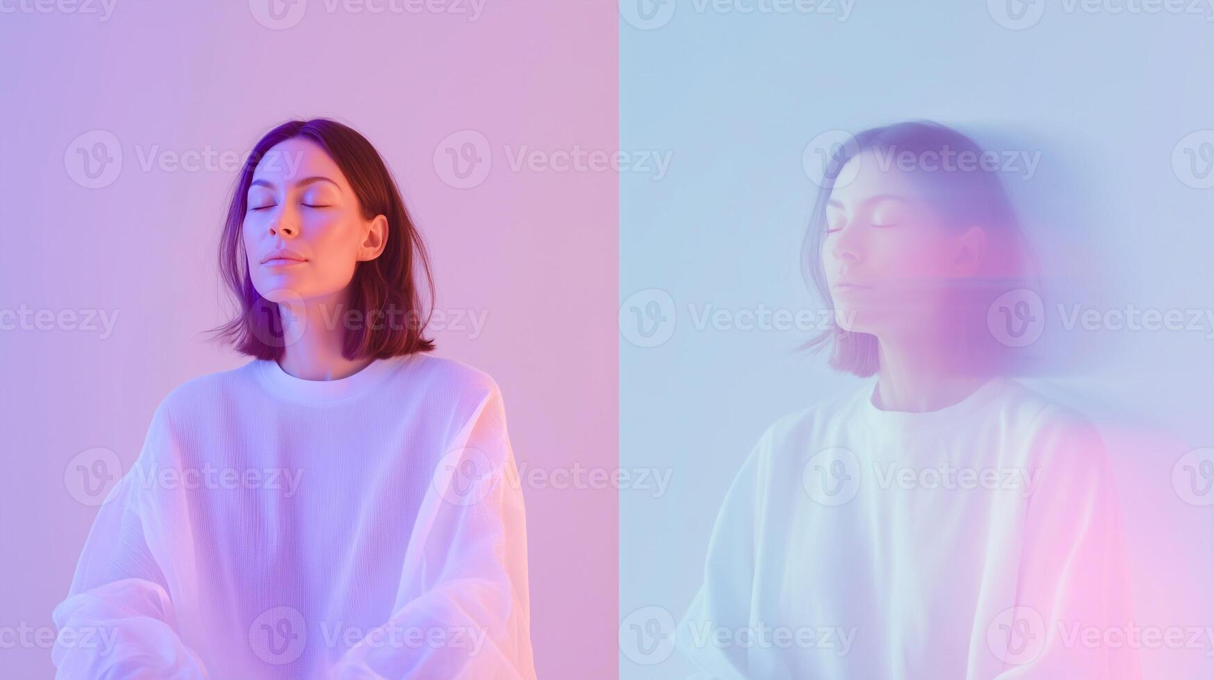 Artistic collage of a serene woman with closed eyes, glowing aura, and soft pastel light, symbolizing mental health, emotional healing, and spiritual balance in a peaceful meditative state. photo