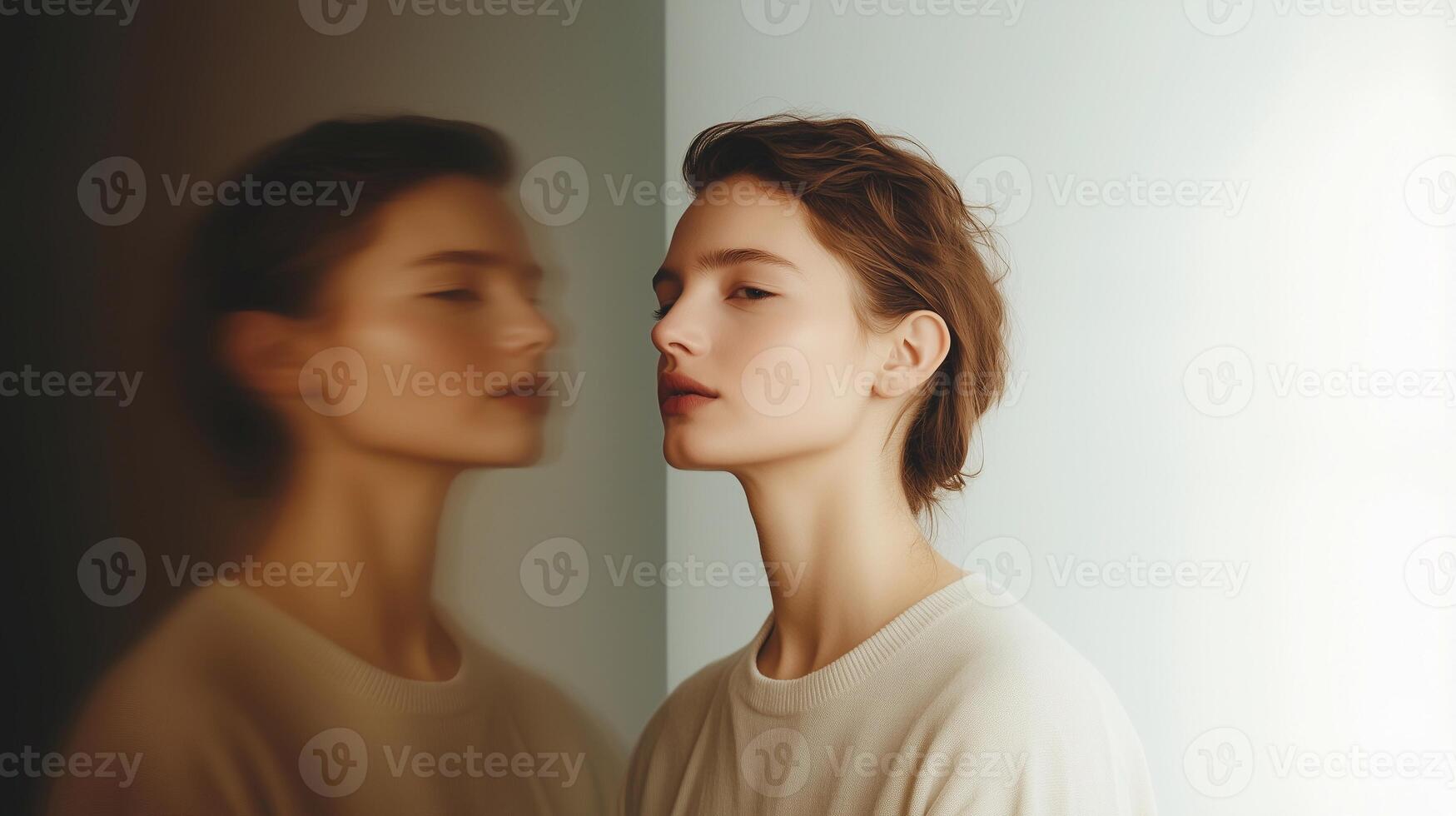 Surreal emotional portrait of a woman near a mirror, symbolizing identity loss and depersonalization. Psychological tension expressed through blurred reflection and minimalist style. photo