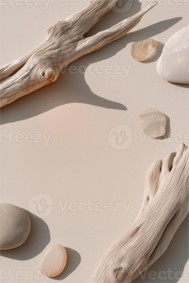 Minimalist eco-friendly beach background with driftwood, stones, and seashells under soft sunlight. Perfect for design templates, wellness, spa, coastal themes, and natural product mockups. photo