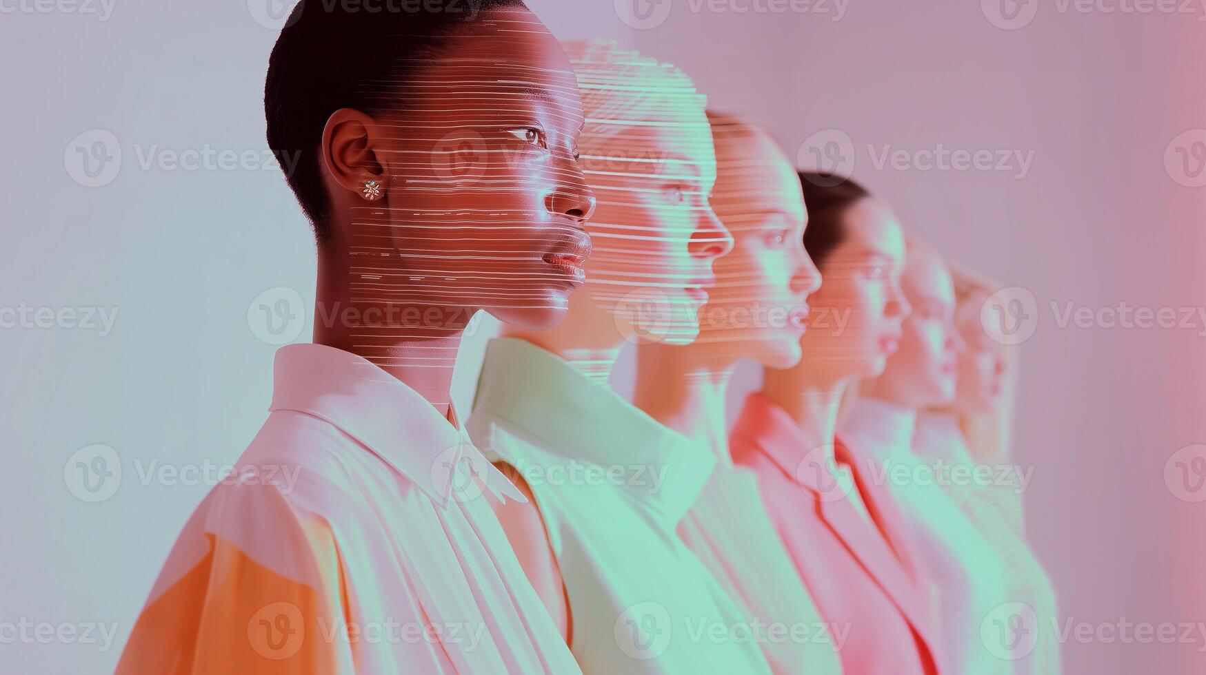Futuristic concept of beauty diversity and AI-driven cosmetics. Multiethnic models illuminated by digital light, symbolizing innovation, technology, identity, and inclusive beauty. photo
