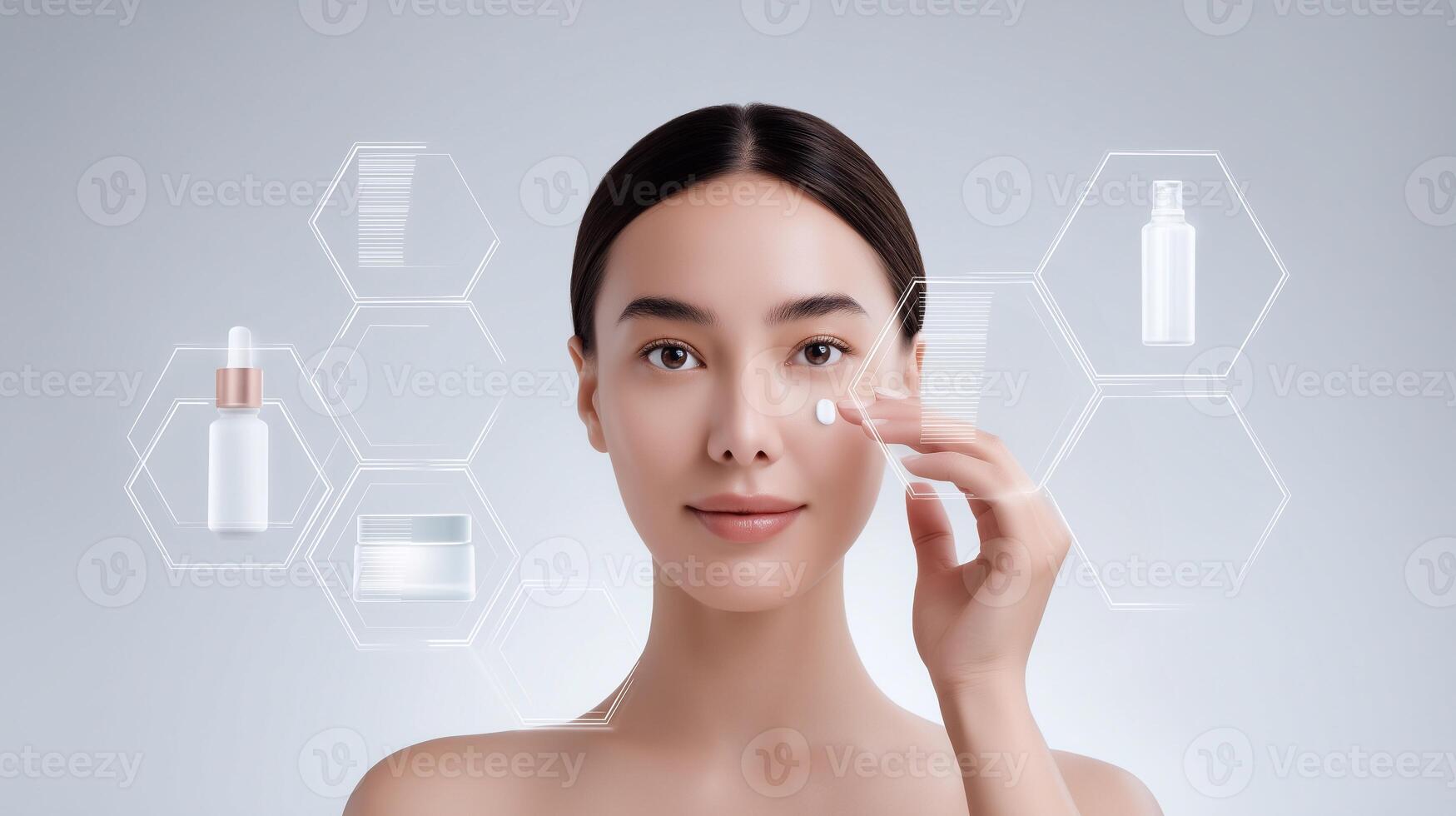 Asian woman applying cream with digital skincare interface, representing modern beauty technology, healthy skin routine, and cosmetic innovation in dermatology and wellness. photo