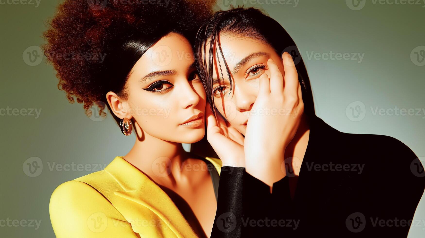 Stylish models posing in editorial fashion lighting, featuring bold eyeliner makeup and minimalistic glamour. High-fashion beauty portrait perfect for makeup tutorials or magazine spreads. photo