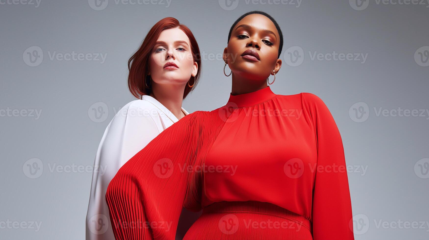 Confident plus-size model in vibrant red dress and elegant fair-skinned model in white outfit, representing beauty diversity, strength, empowerment, and luxury fashion elegance. photo
