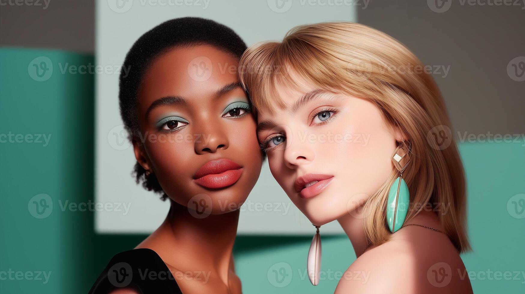 Two diverse women showcasing inclusive beauty with bold makeup and statement earrings in soft aquamarine tones. A stylish tribute to femininity, color harmony, and individuality. photo