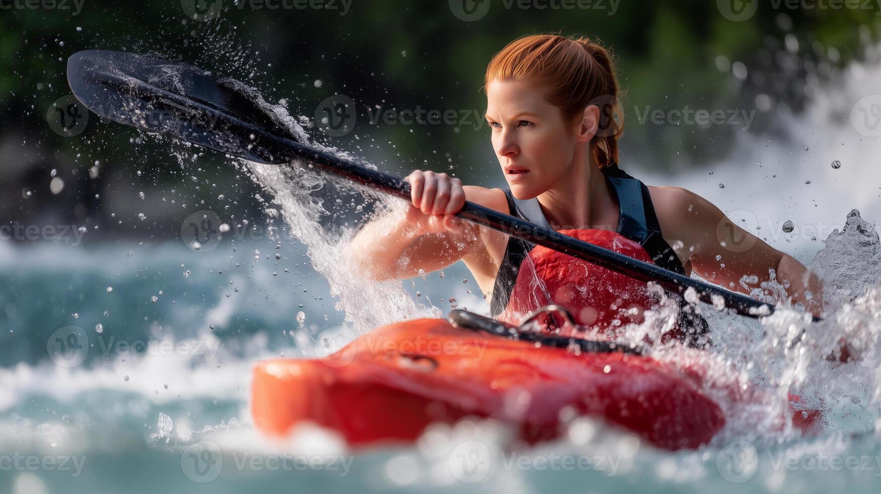 Focused freckled red-haired woman kayaking through wild river, splashing water, adventure sport, strength, determination, outdoor action, extreme challenge, summer nature, adrenaline rush. photo