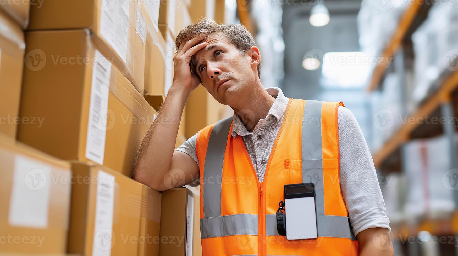 Exhausted warehouse worker feeling stressed and burned out, overwhelmed by job pressure and workload in industrial logistics environment, symbolizing mental fatigue and workplace burnout. photo