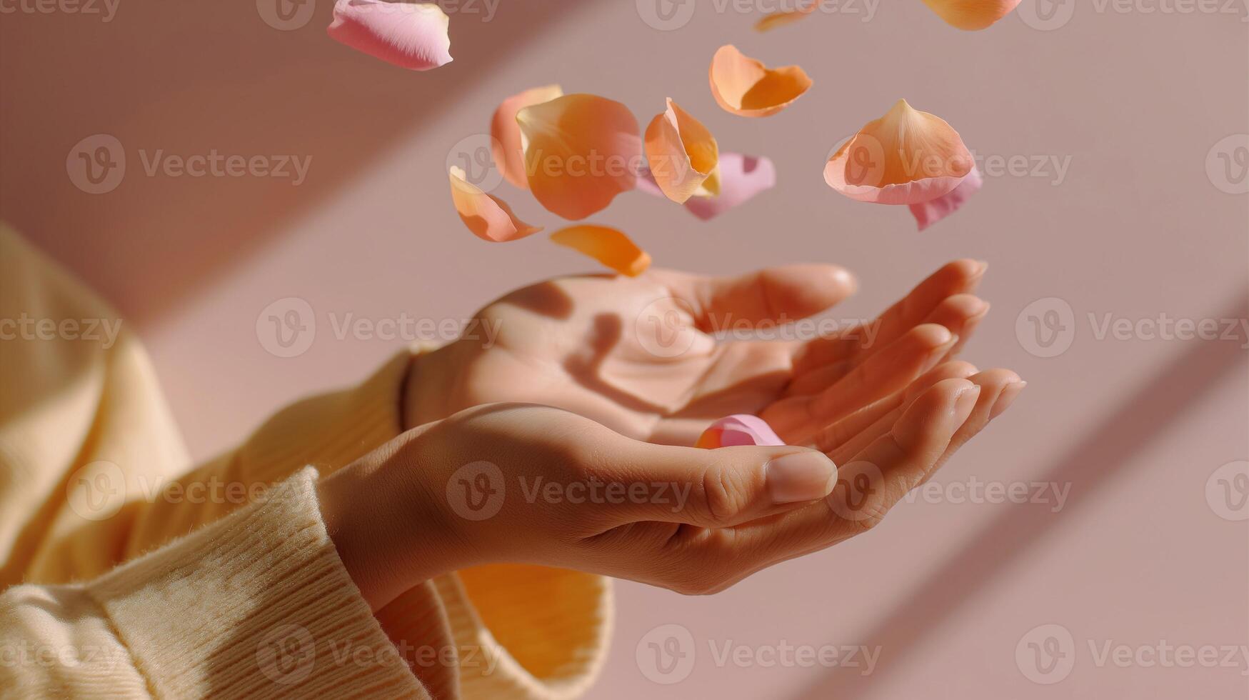 Hands releasing rose petals in soft light, symbolizing mental wellness, mindfulness, relaxation, and inner peace, perfect for spa, beauty, and self-care themes. photo