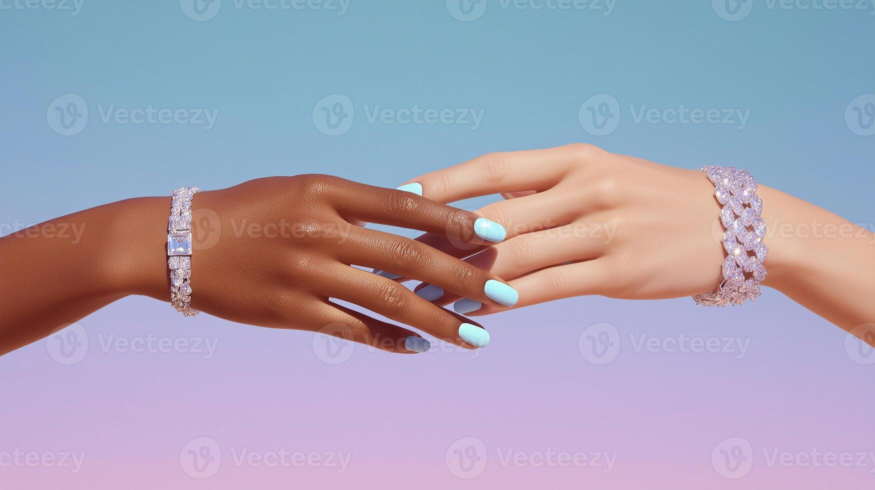 Elegant female hands with pastel nails and luxury bracelets touching gently, symbolizing beauty diversity, skincare, aura energy, and harmony in a dreamy gradient background. photo
