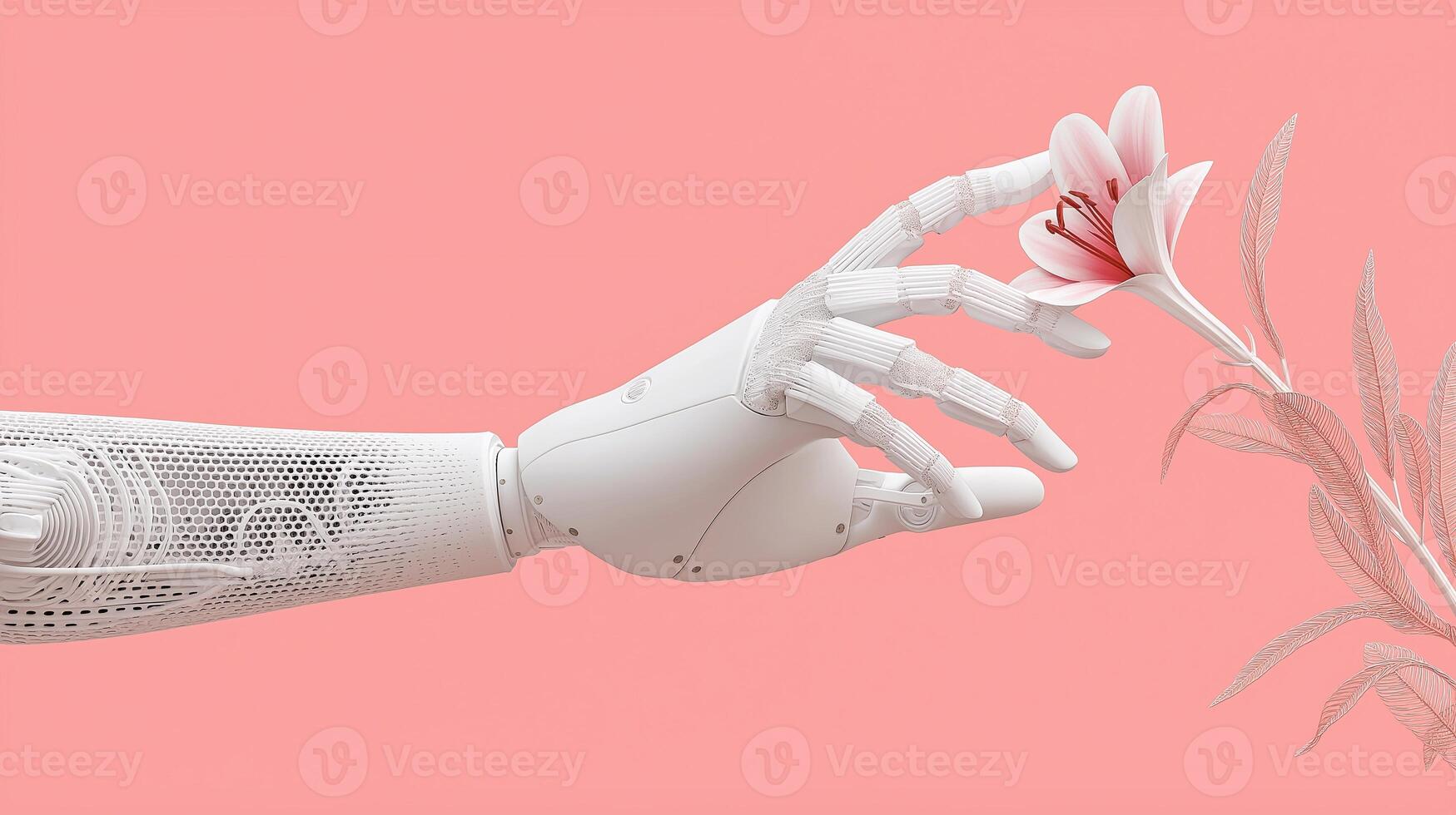 Robotic hand gently touches a delicate flower, symbolizing the connection between AI and nature, biotechnology, artificial skin research, and the future of human-machine harmony. photo