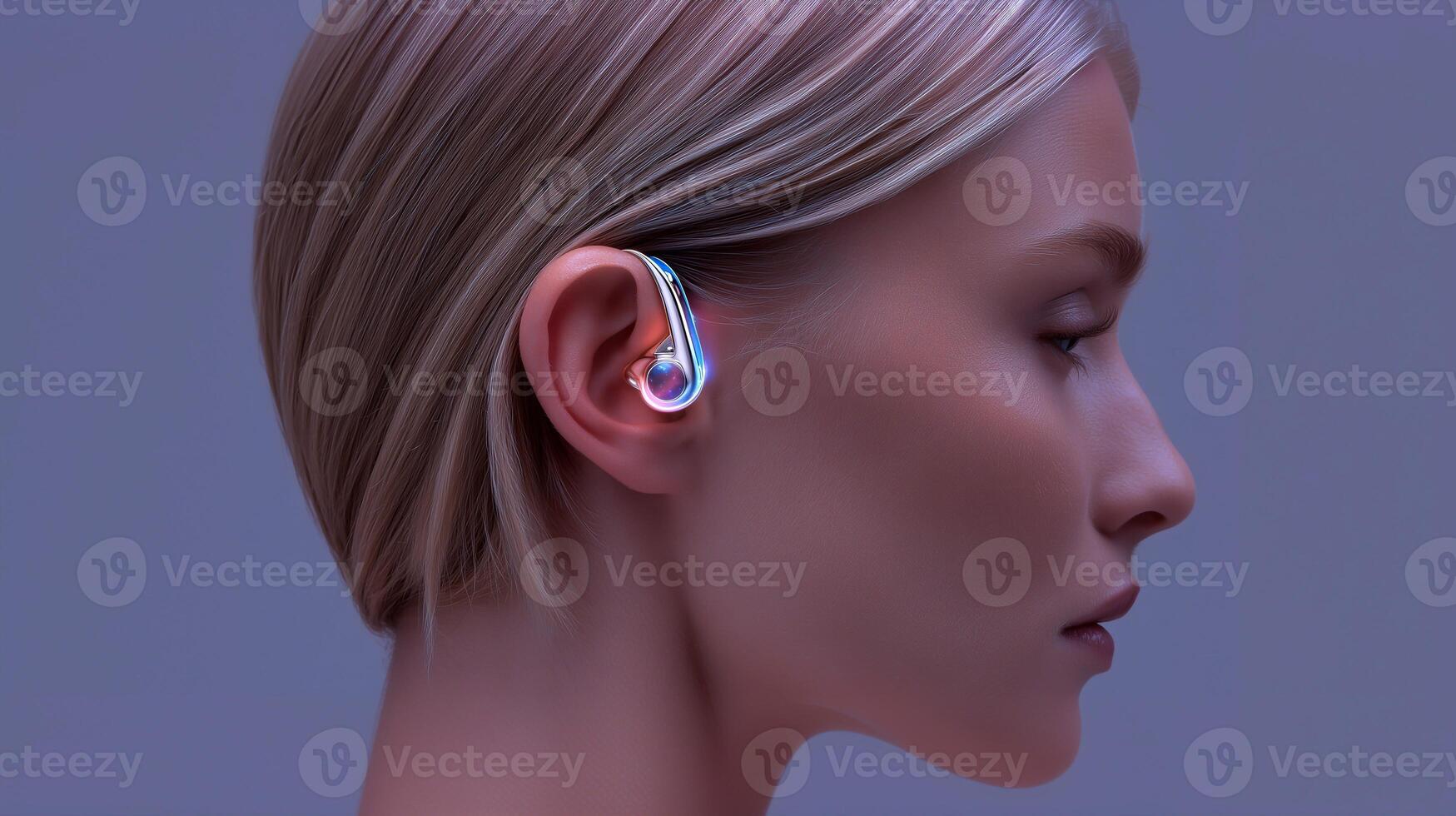Futuristic ear device on a woman with sleek metallic design and neon glow. Concept of smart hearing, wearable innovation, advanced earphones, or modern audio technology. photo