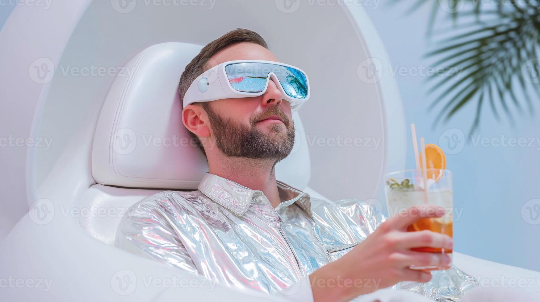 Futuristic summer lounge scene with man in holographic shirt and VR glasses, relaxing with elegant drink. Perfect image for tech lifestyle, youth culture, and digital leisure concepts. photo