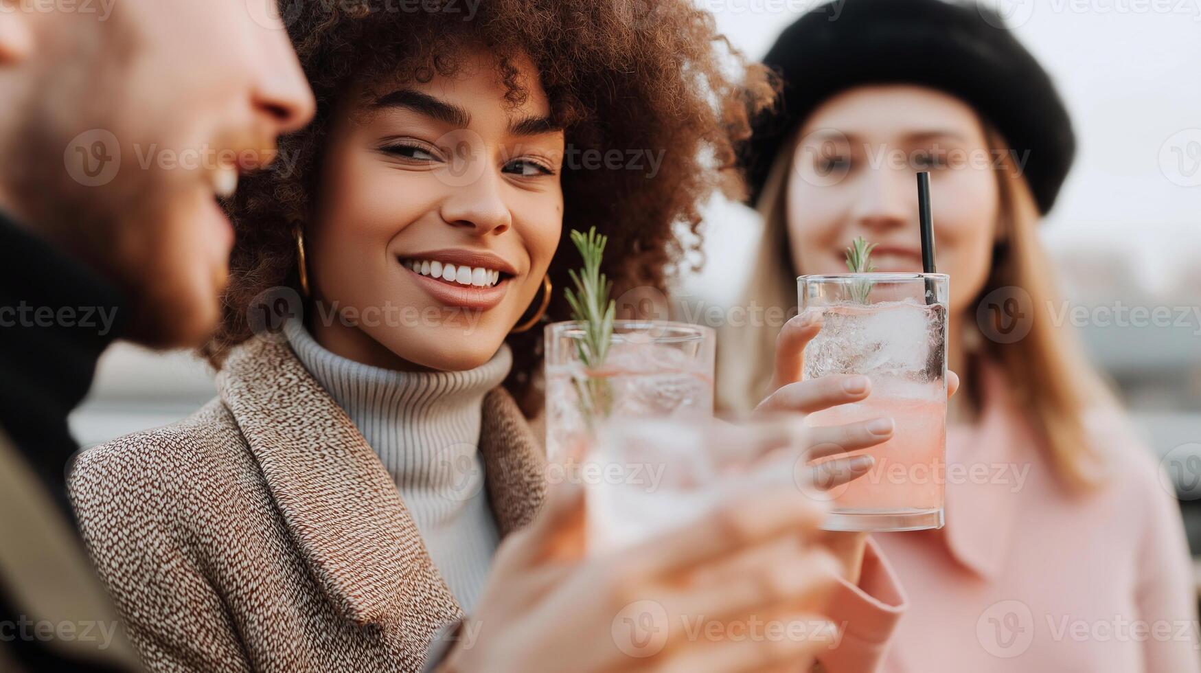 Group of stylish young friends enjoying refreshing cocktails outdoors. Vibrant, cheerful mood with trendy fashion and modern drinks. photo