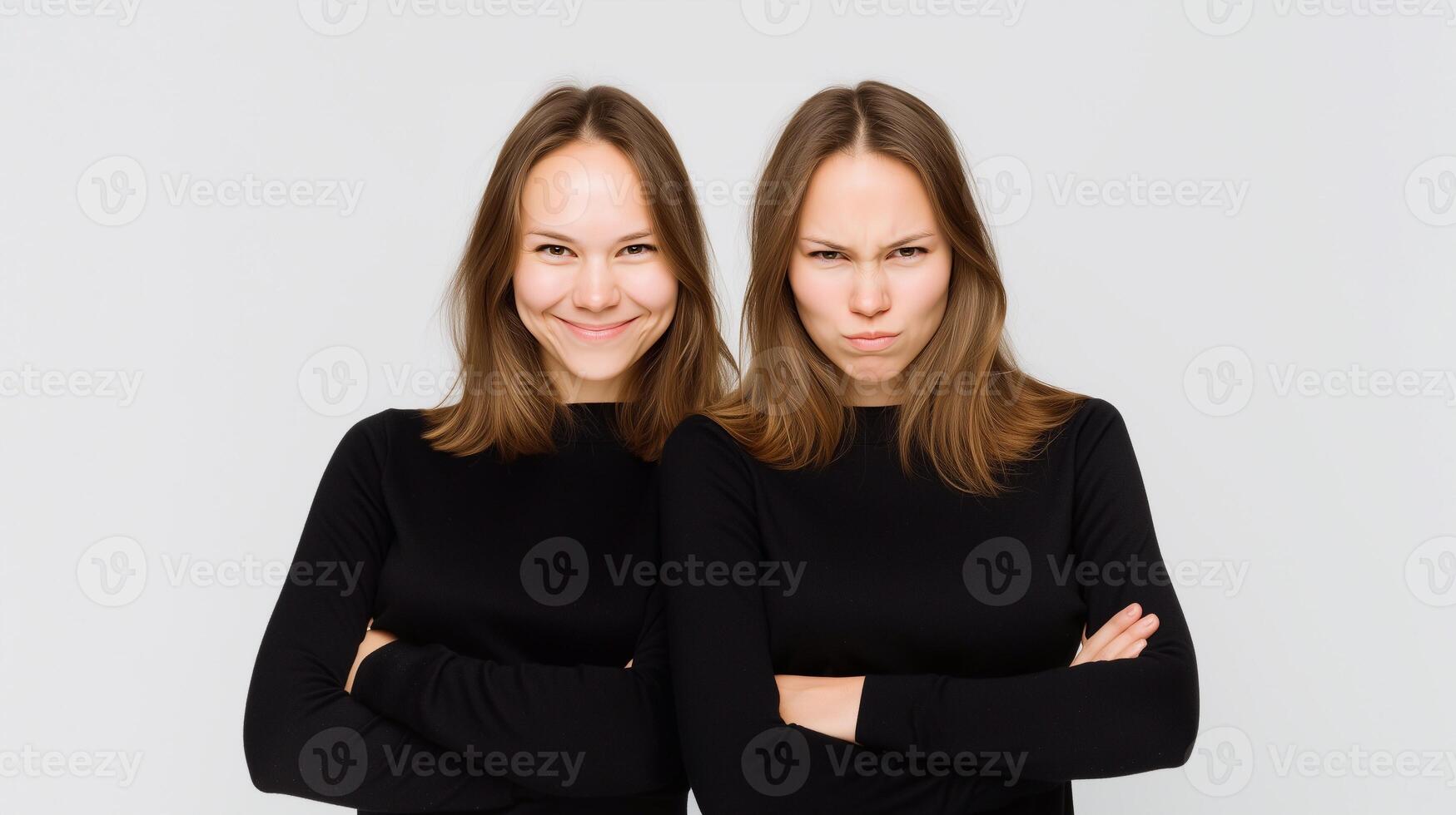 Identical twin women showing happy and angry expressions, symbolizing comedy and tragedy masks. Conceptual portrait exploring duality, emotion, personality, and theatrical symbolism. photo