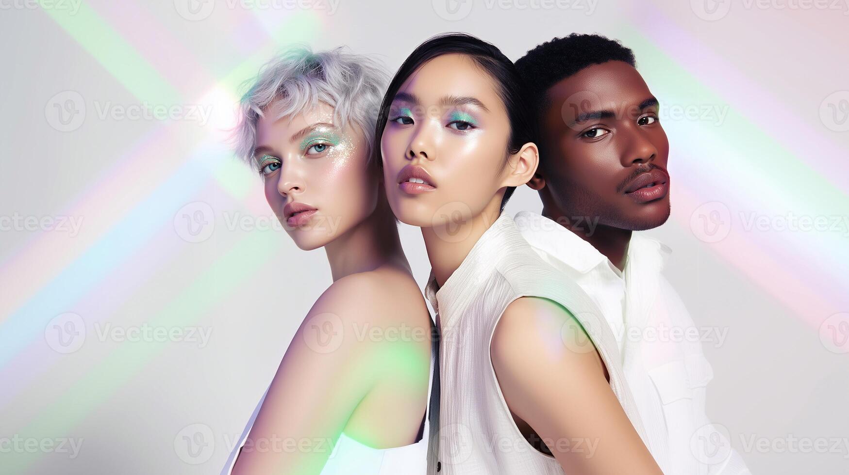 Diverse beauty portrait with glowing aura makeup. Trendy iridescent cosmetics on three models with different skin tones. Concept of inclusivity, modern fashion, and luminous style. photo