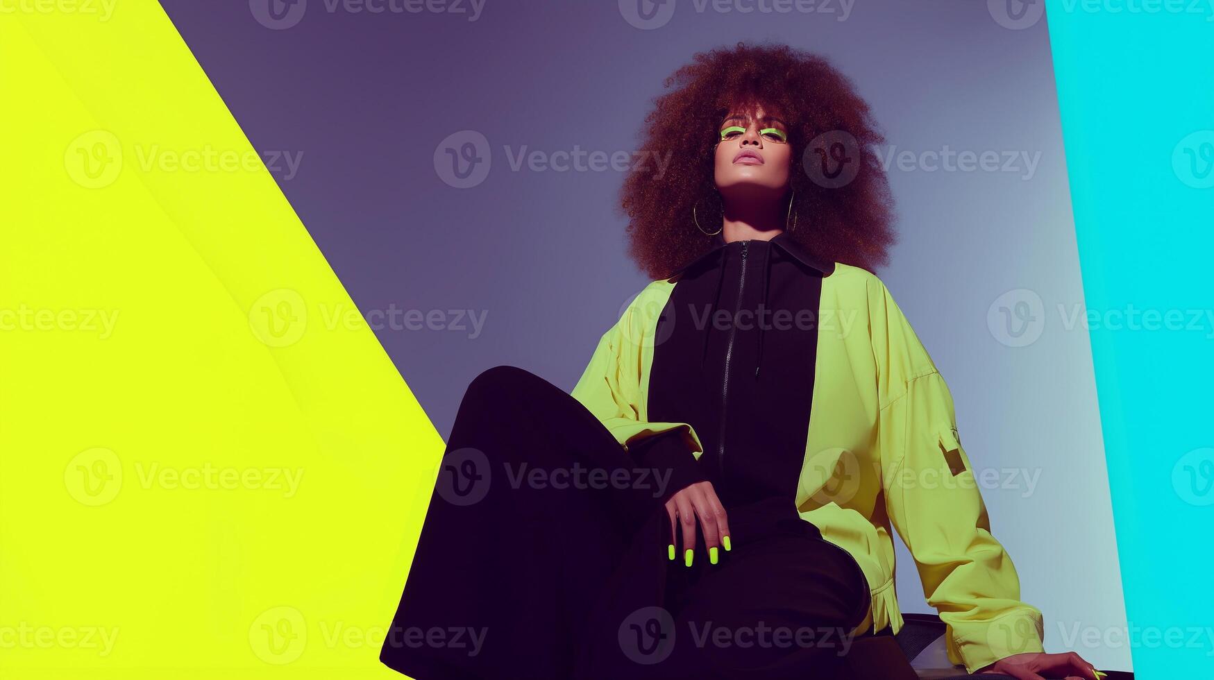 Stylish woman with afro hairstyle, neon makeup, and bold fashion posing confidently in geometric lighting, celebrating beauty diversity and fearless self-expression. photo
