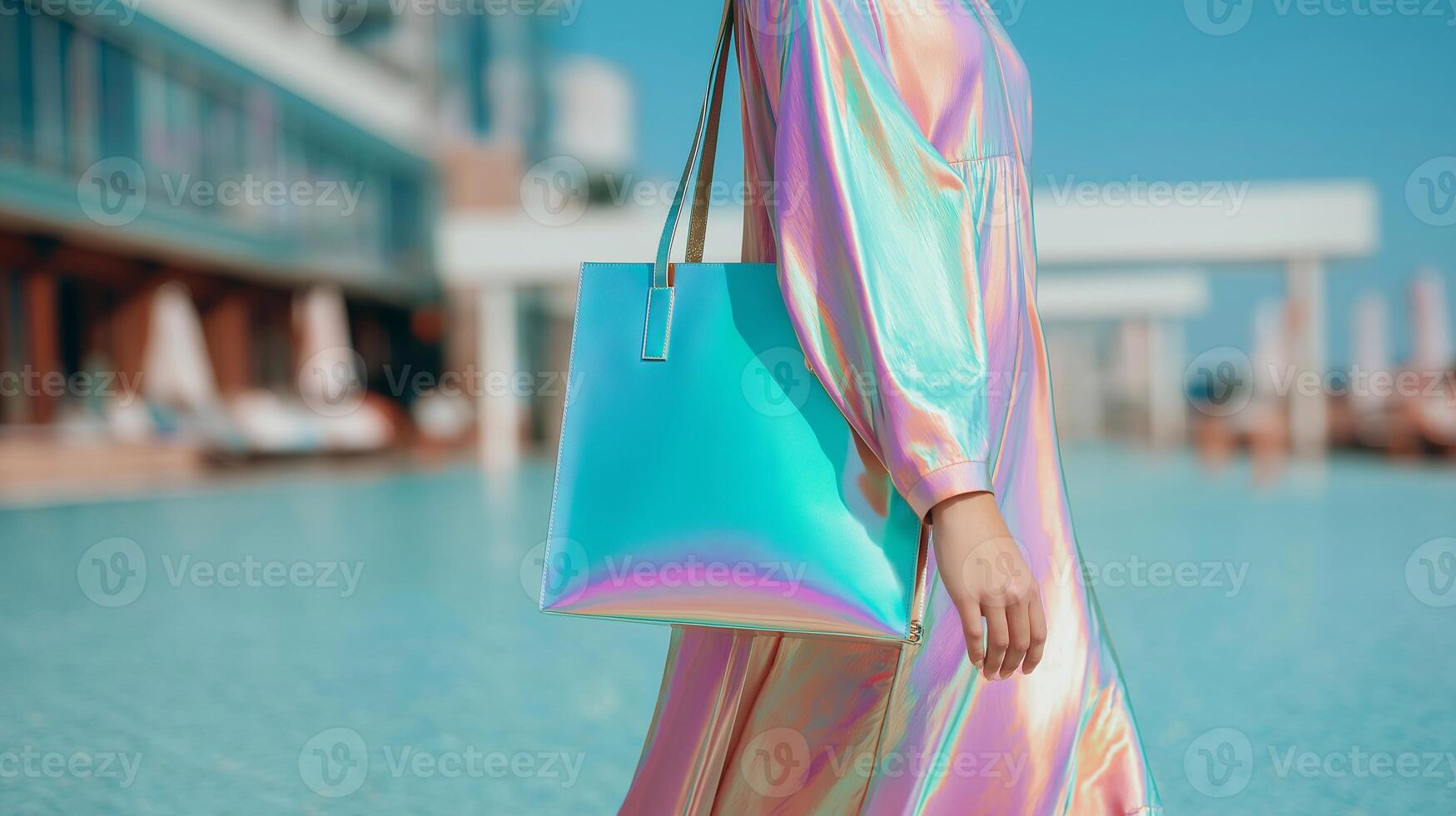 Stylish woman by pool in iridescent holographic dress holding shiny tote bag. Trendy summer mockup scene with pastel colors, youthful vacation mood, and elegant futuristic fashion vibe. photo