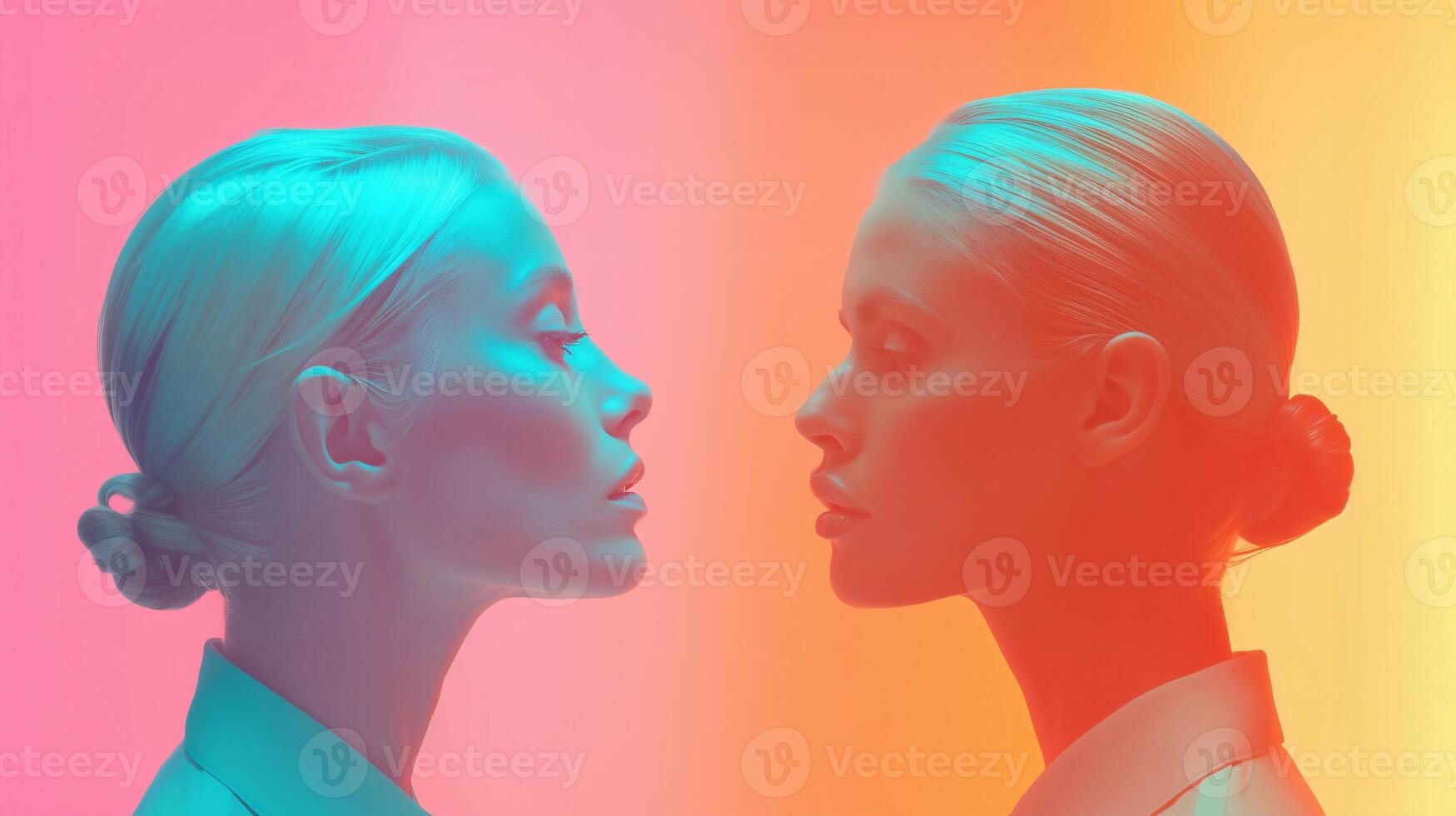 Two female models facing each other in vibrant aura-style lighting, surreal gradient colors, soft focus, symmetry, digital art portrait with neon tones and dreamy atmosphere. photo