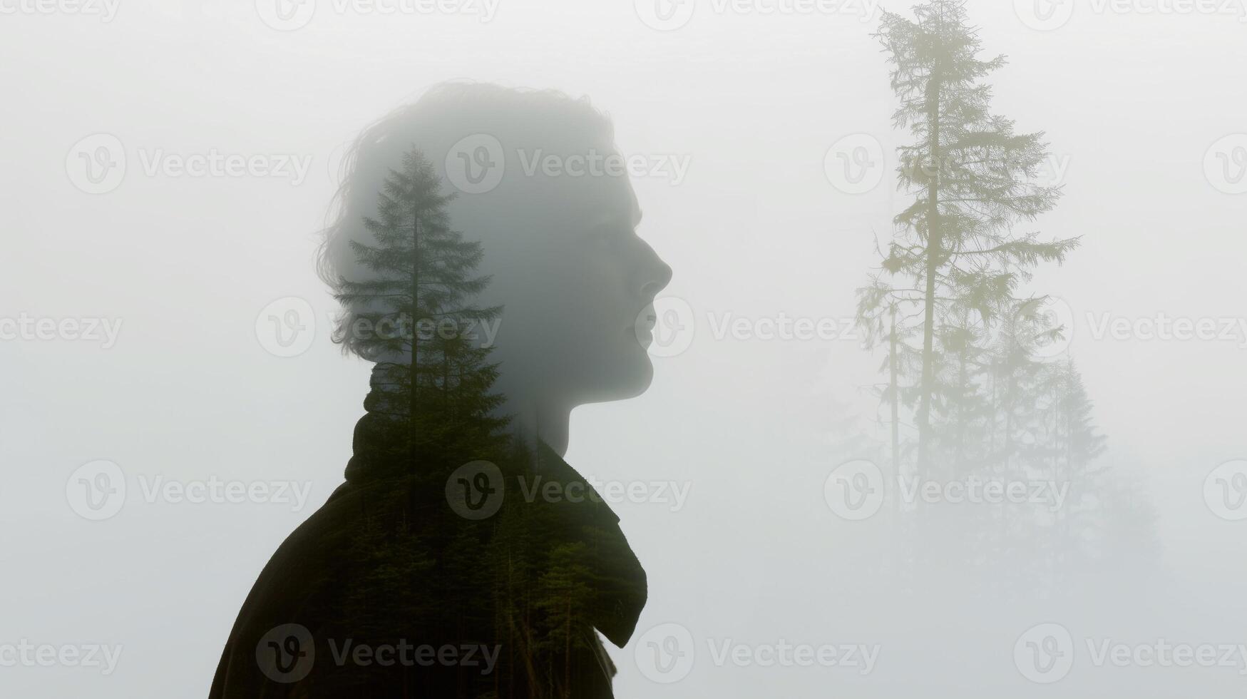 Double exposure of a person's silhouette blended with foggy forest trees, symbolizing mental health, emotional healing, inner peace, and the deep connection between humans and nature. photo
