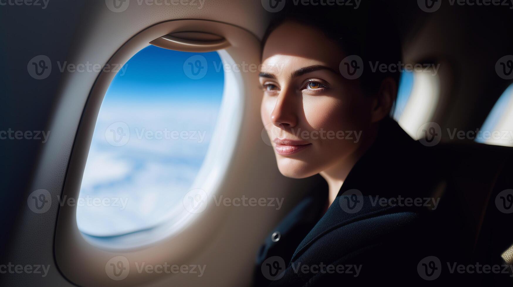 Elegant woman gazing through airplane window during flight. Travel, relaxation, and lifestyle concept captured in natural light above the clouds. Ideal for tourism, aviation, business journey themes. photo