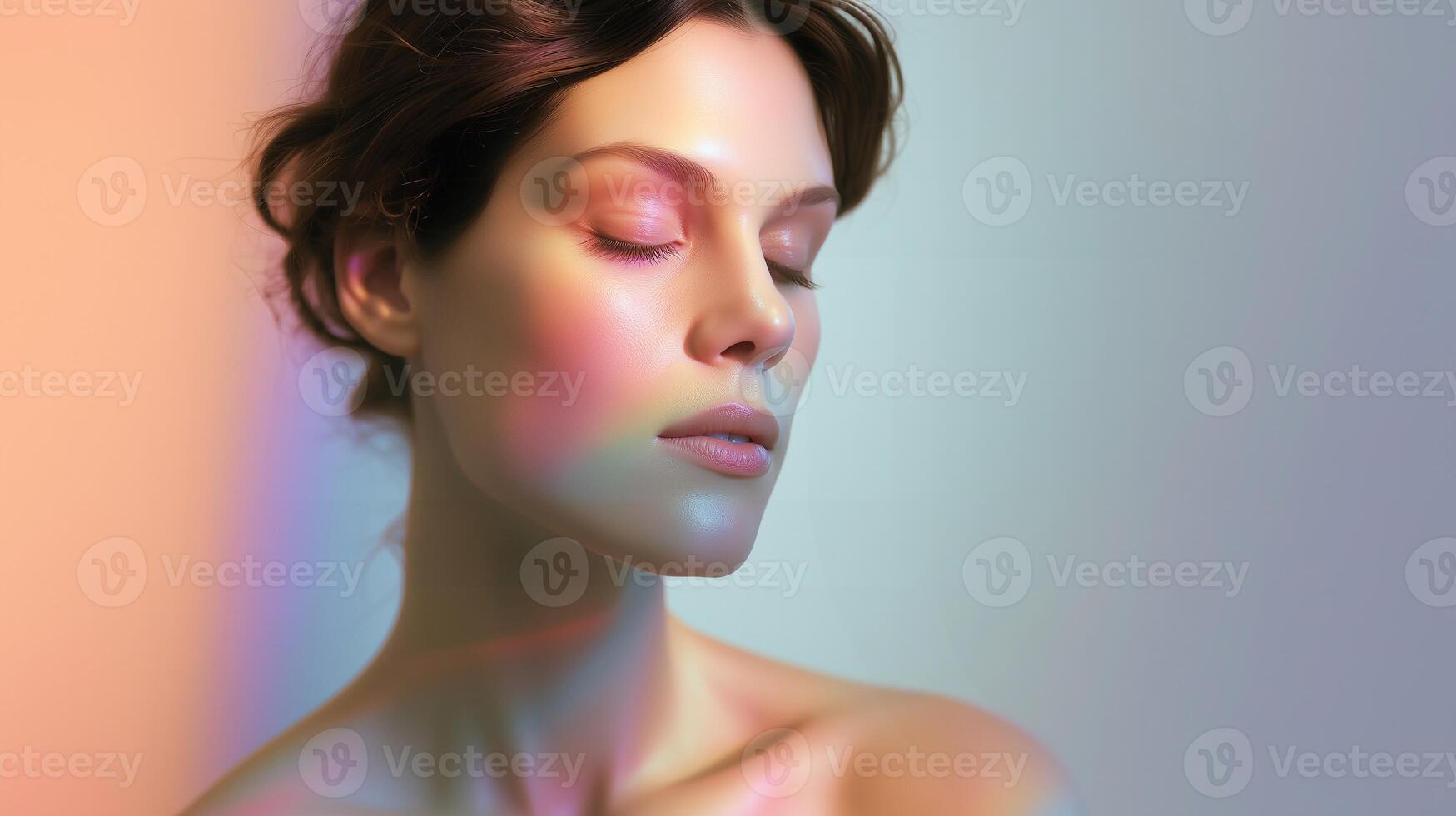 Calm woman with glowing skin, pastel light on face, closed eyes. Concept of beauty, skincare, aura, mental health, peace, self-care, and emotional balance. photo