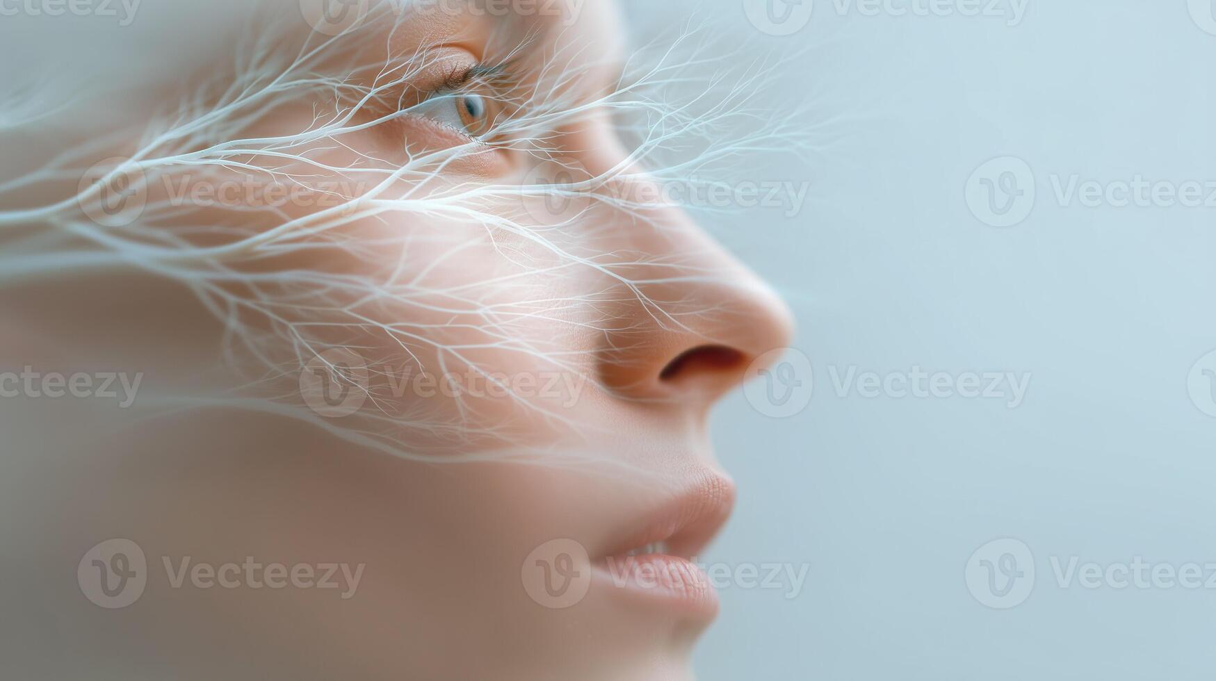 Peaceful female face with abstract neural lines, symbolizing mental health, mind-body connection, inner calm, brain activity, self-awareness, psychology, and human consciousness. photo