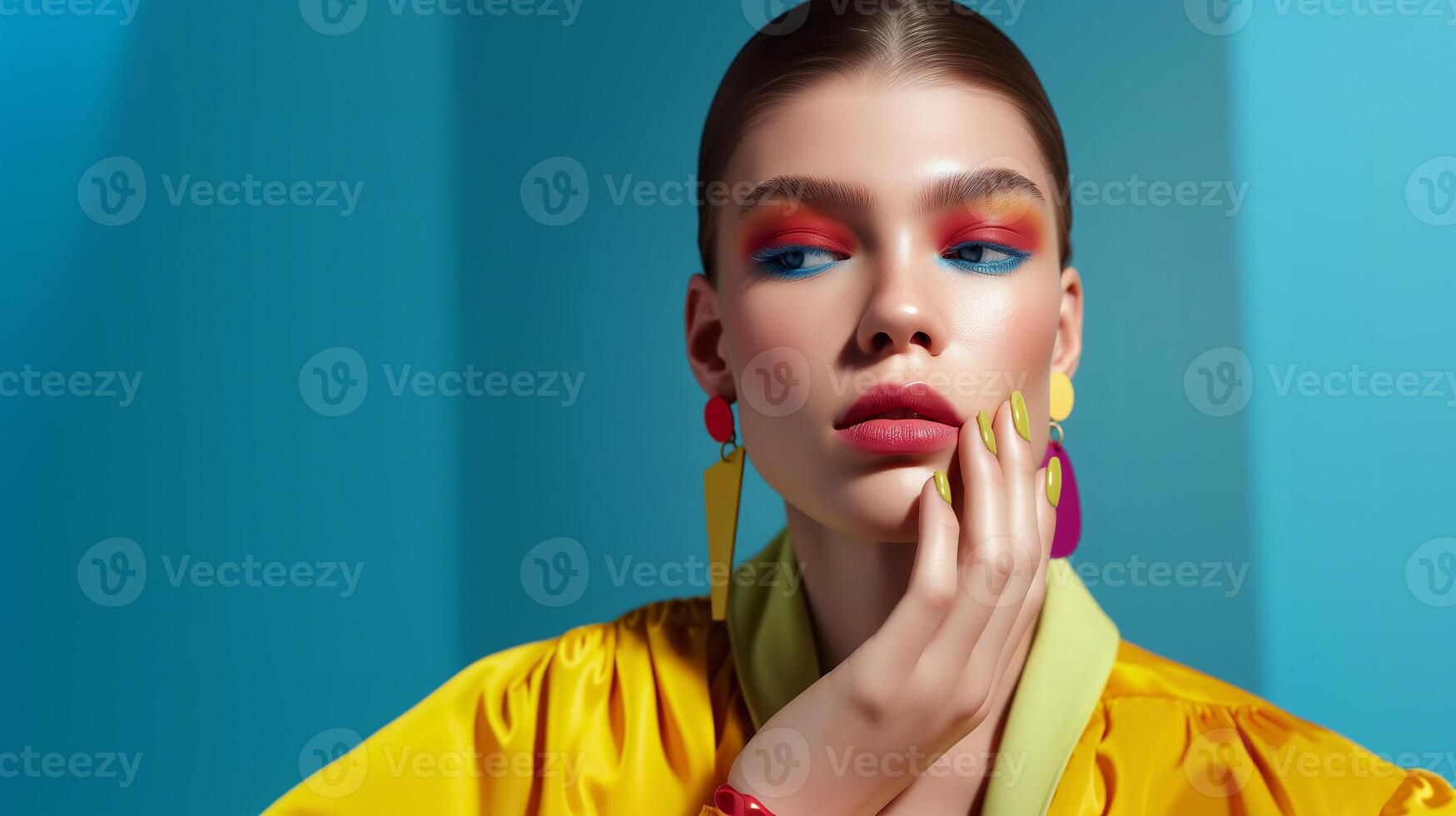 Colorful retro makeup with bold eyeshadow, glossy skin, and geometric earrings in a vibrant fashion look inspired by Primary Play style on a blue background. photo