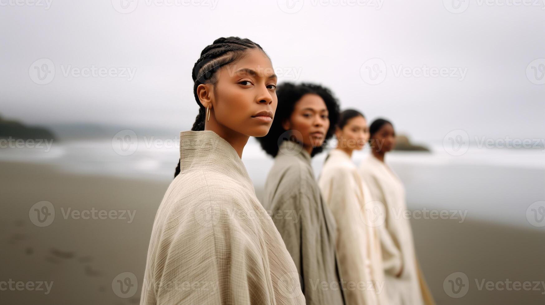 Natural fashion portrait with diverse women in cotton and linen clothing. Earth tones, beach setting, and calm atmosphere highlight eco-friendly style, confidence, and timeless beauty. photo