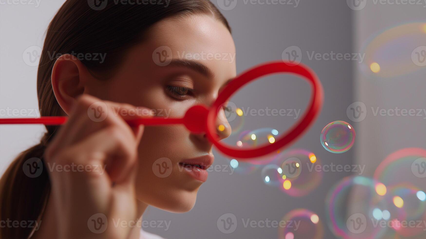 Focused young woman blowing soap bubbles, expressing sensory mindfulness and playful minimalism. Conceptual image of attention, softness, and quiet joy in colorful simplicity. photo