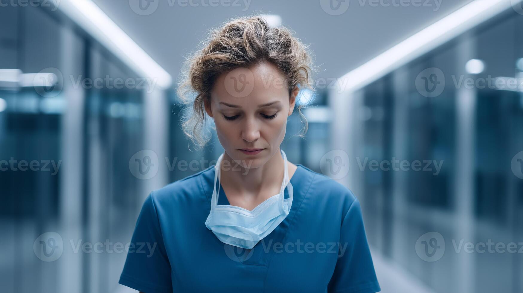 Tired female nurse standing in hospital corridor, expressing emotional burnout, workplace stress, and fatigue in the healthcare profession during demanding shifts or crisis periods. photo