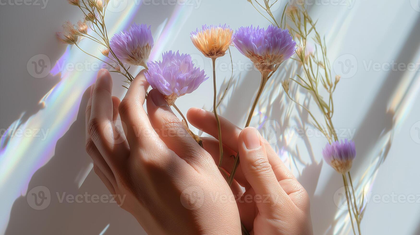 Delicate hands holding dried flowers in soft light, evoking mindfulness, inner peace, and emotional healing. A calming image symbolizing mental wellness and unity with nature. photo