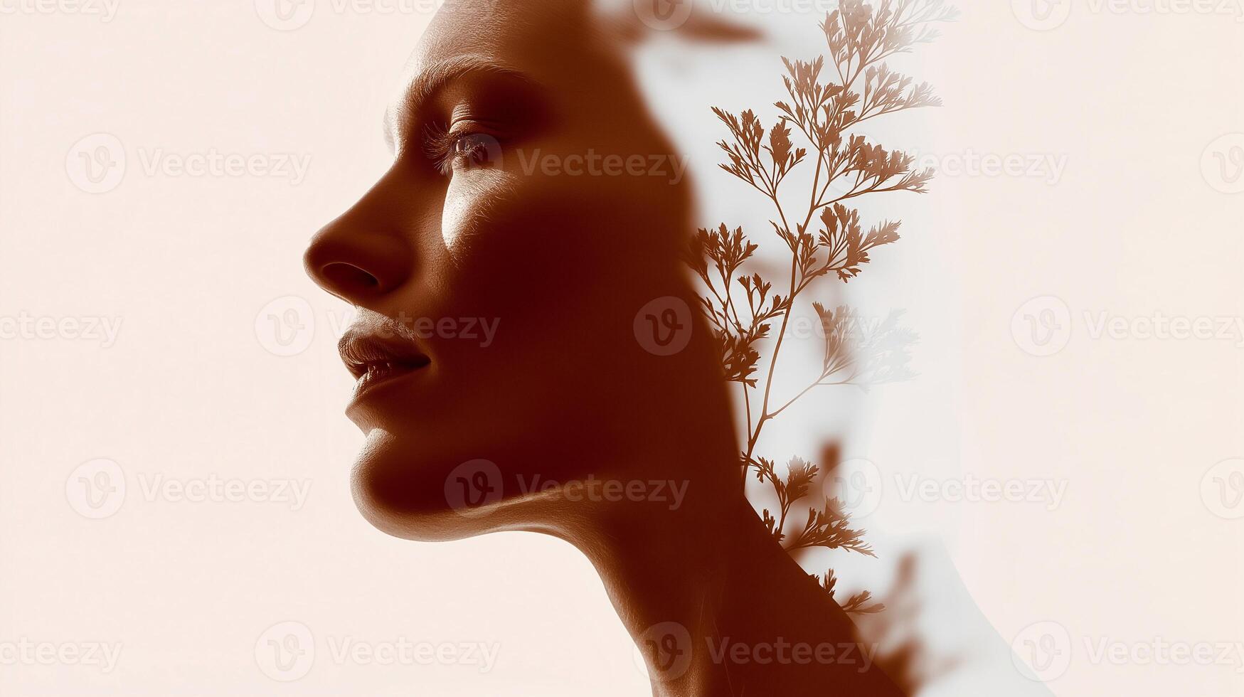 Double exposure of a calm female profile with botanical elements symbolizing mental health, healing, meditation, and the emotional connection between human well-being and nature. photo