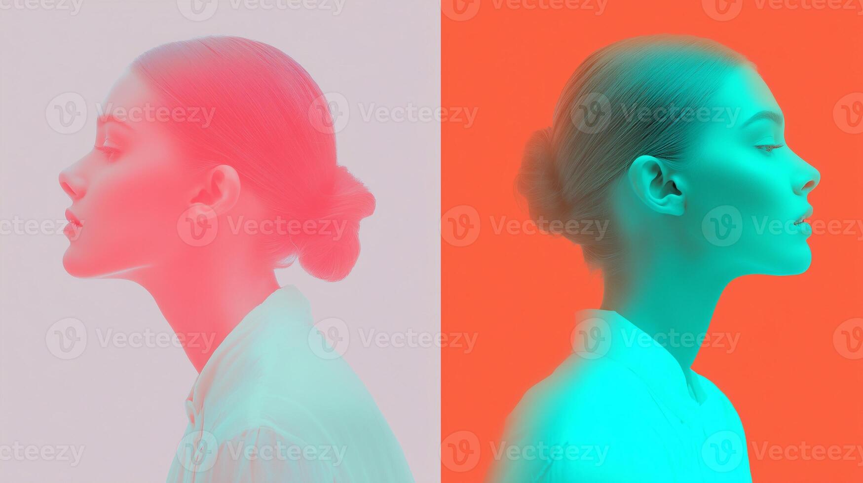 Aura-inspired profile portrait of two women in contrasting palettes, with pastel and neon tones symbolizing balance, energy, and modern contrast in minimalist style. photo