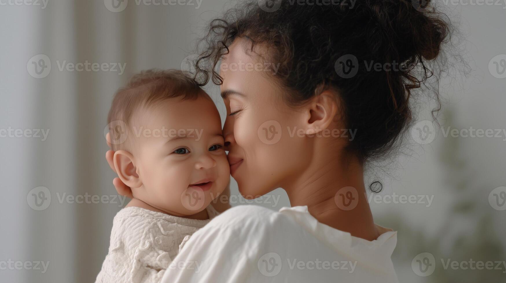 Happy mother gently cuddling her smiling baby in soft natural light, conveying love, warmth, and family bond. Ideal for parenting, maternity, and emotional connection themes. photo