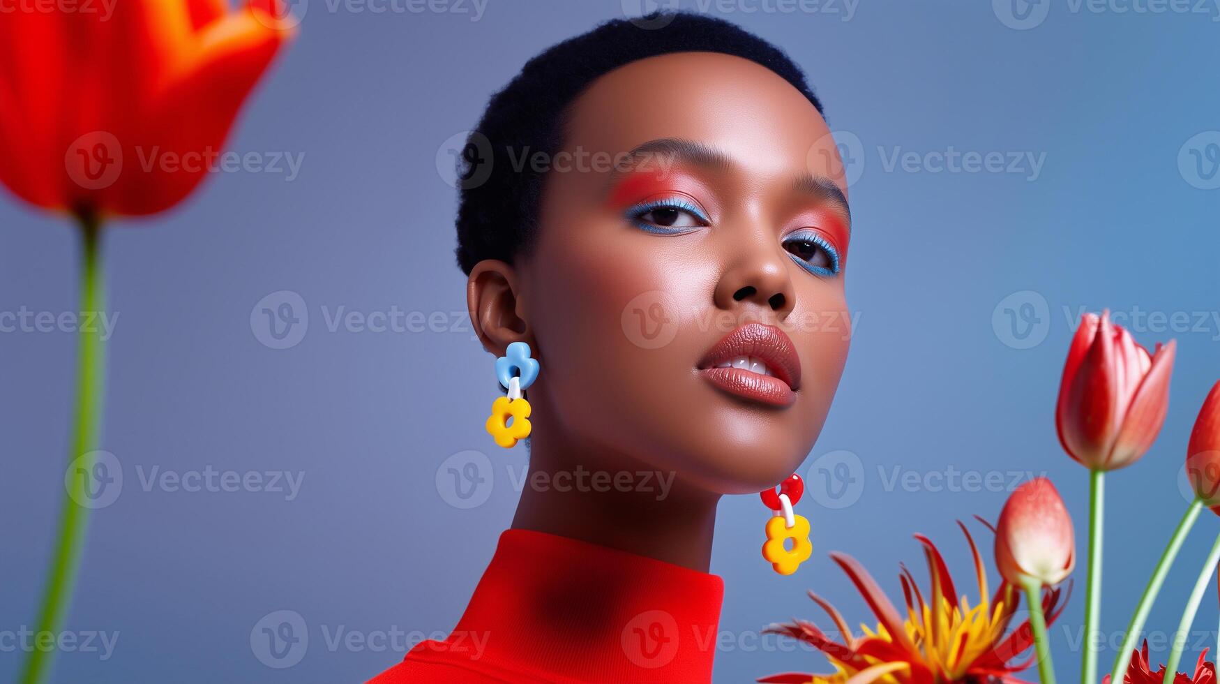 Black woman with aura-inspired makeup in red and blue tones, wearing bold earrings, surrounded by flowers. Vibrant Primary Play style portrait with confident, artistic energy. photo