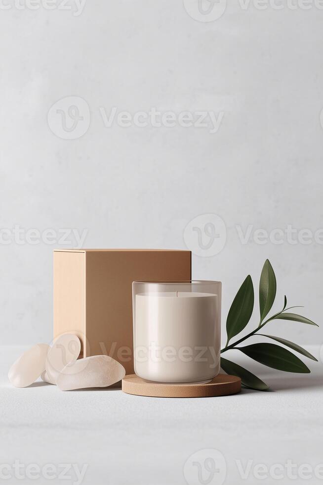 Minimal home candle mockup with beige packaging, natural stones and green leaves. Ocean-inspired design, clean scene, eco-friendly and sustainable product concept in soft neutral tones. photo