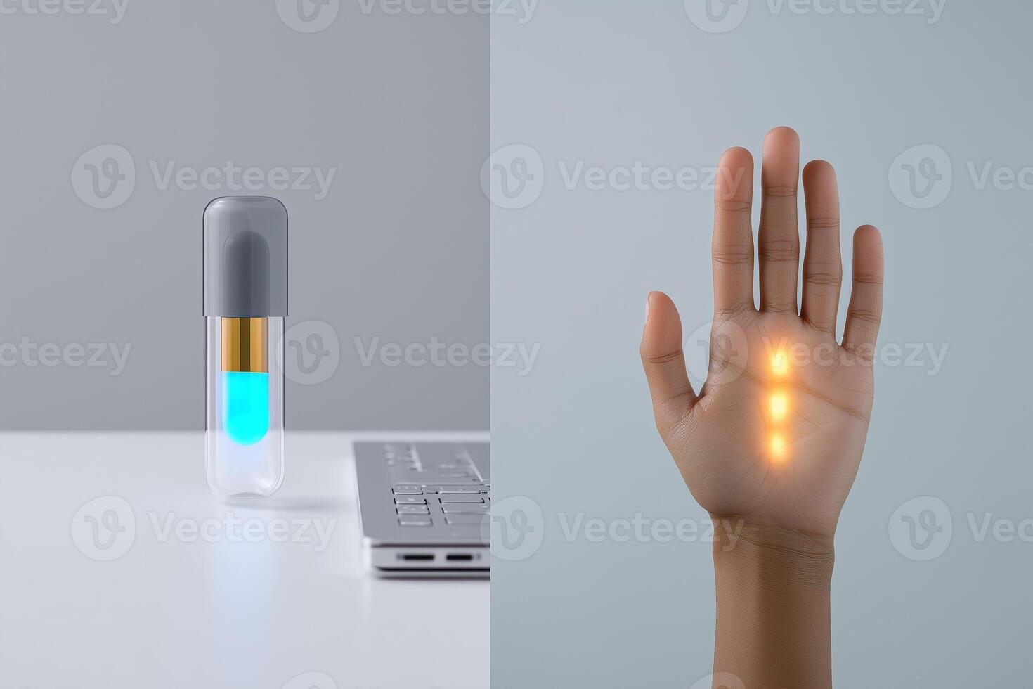 Futuristic concept showing a glowing capsule and a human hand with biometric lights. The image illustrates advanced healthcare, nanotechnology, digital identity, and biotech integration. photo