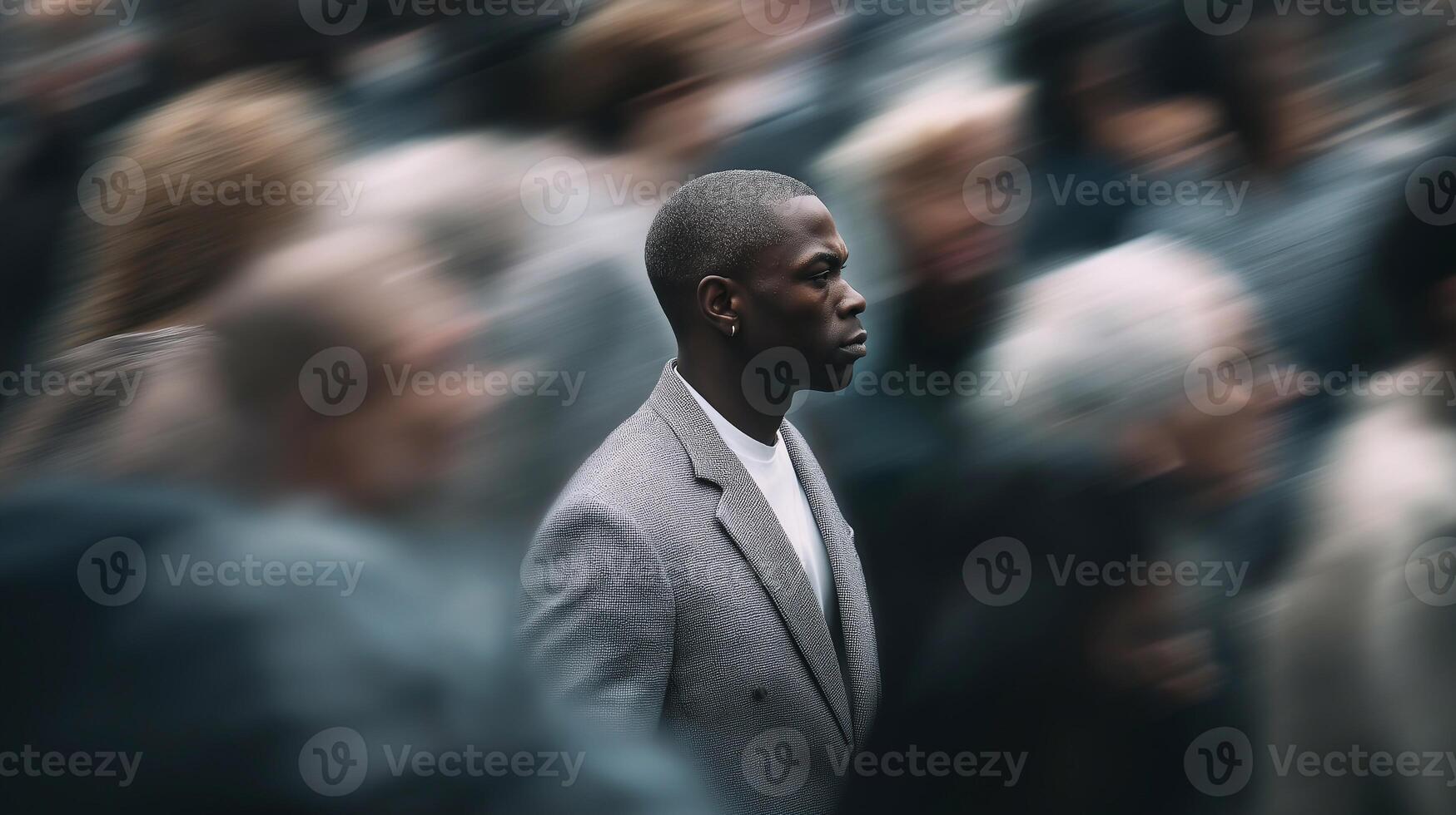 Confident stylish man stands still in a moving crowd, symbolizing individuality, focus, and isolation in urban chaos. Modern fashion and emotional contrast. photo
