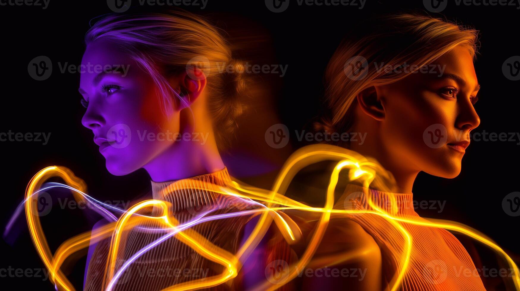 Emotional intelligence, inner dialogue, subconscious vs conscious mind conflict, mental clarity, self-awareness and aura visualized with glowing lines and contrasting light. photo