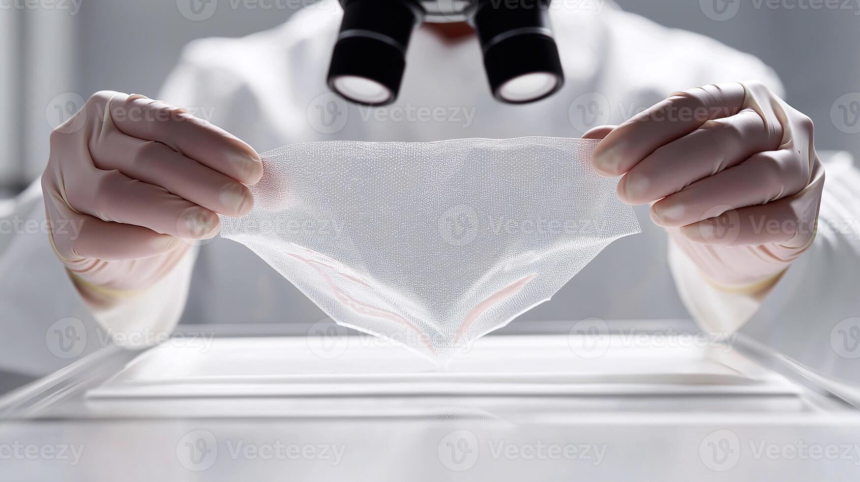 Scientist holding a translucent sheet of synthetic skin under laboratory lighting, showcasing sterile conditions, biomedical materials, and human tissue engineering for graft procedures. photo