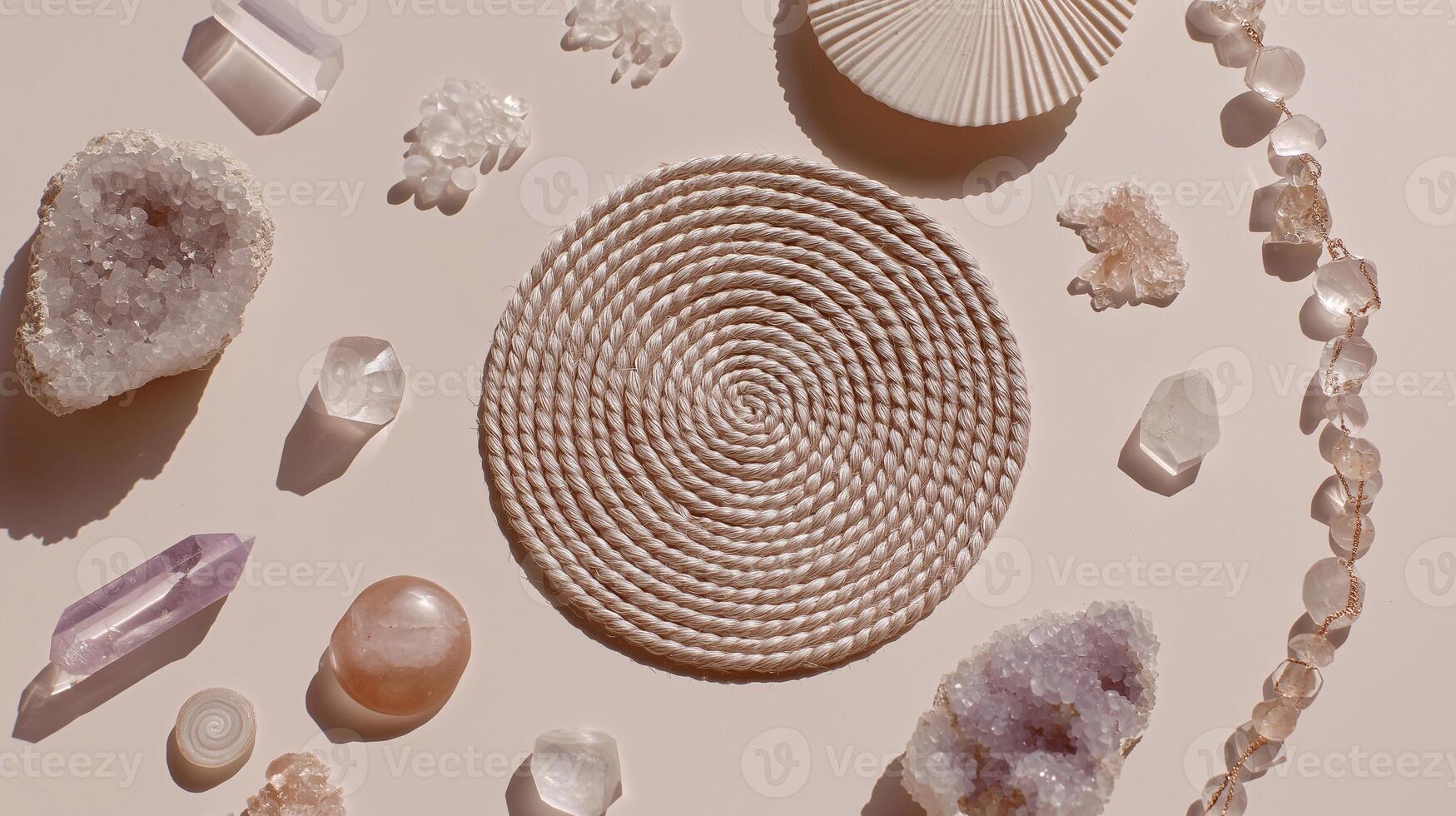 Flatlay of healing crystals and gemstones arranged around a spiral rope centerpiece on soft neutral background, symbolizing calm, spiritual balance, natural energy, and mental wellness. photo