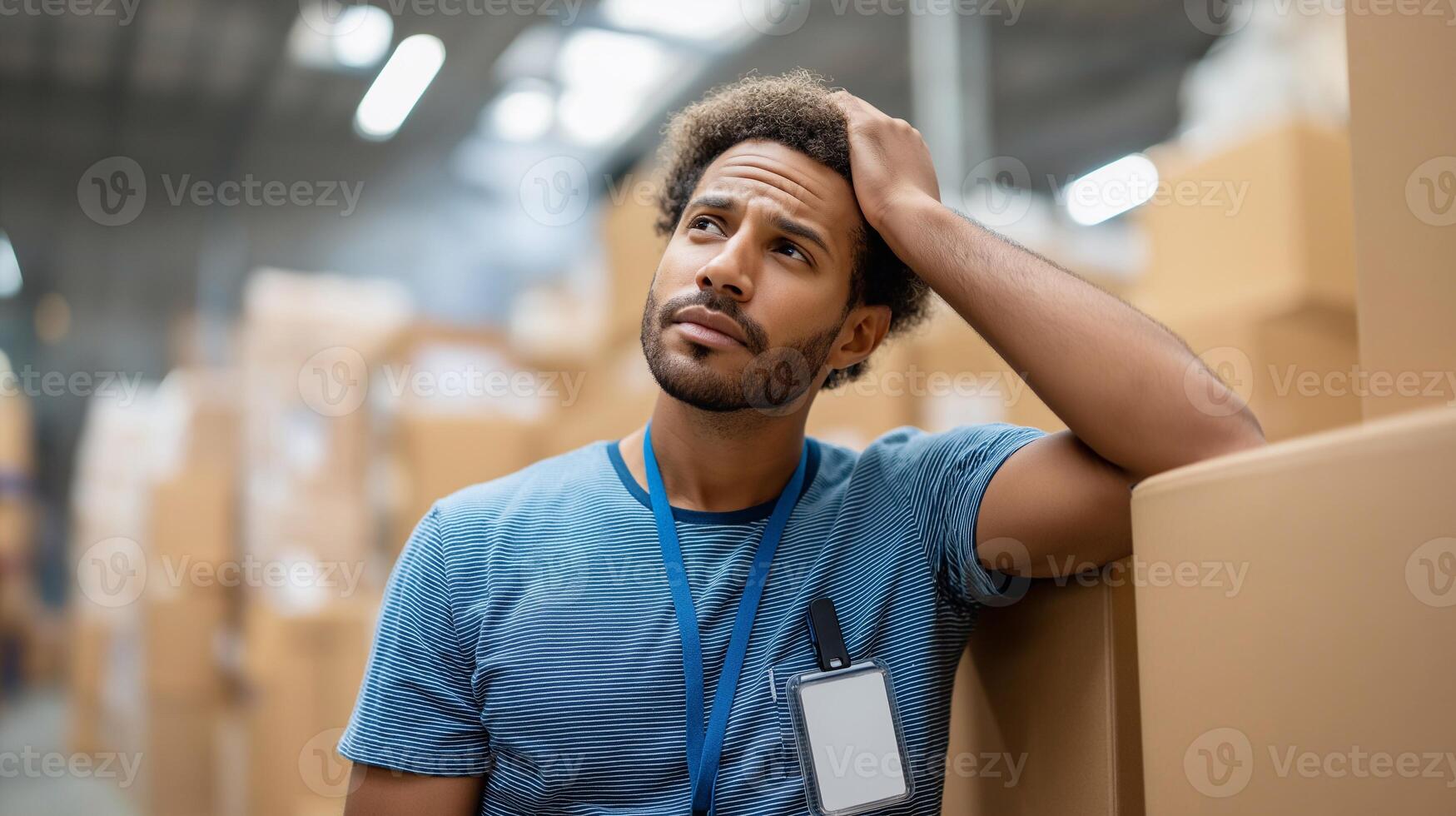 Stressed warehouse worker standing among boxes, showing signs of job burnout, overwork, and frustration in logistics or manual labor environment. Workplace mental health concept. photo