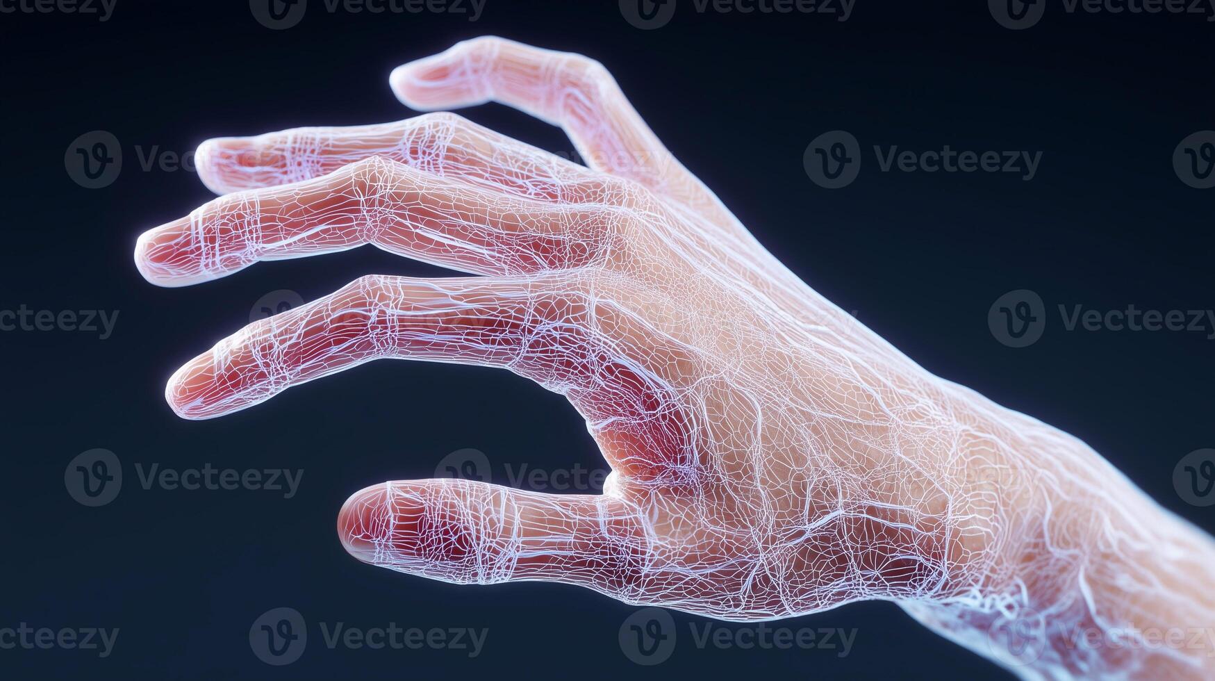 Human hand with artificial skin texture and neural structure overlay, symbolizing innovation in synthetic skin development, biotechnology, and medical technology. photo