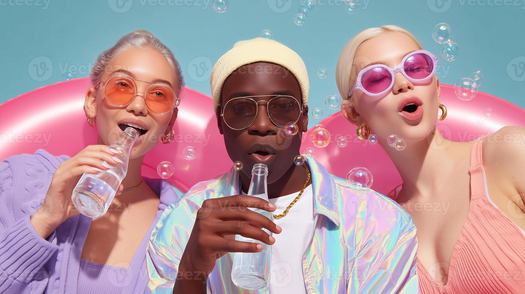 Group of stylish young friends enjoying summer drinks with holographic outfits, pastel colors, sunglasses, and bubbles. Vibrant Gen Z vibe with aesthetic light vacation energy and party mood. photo