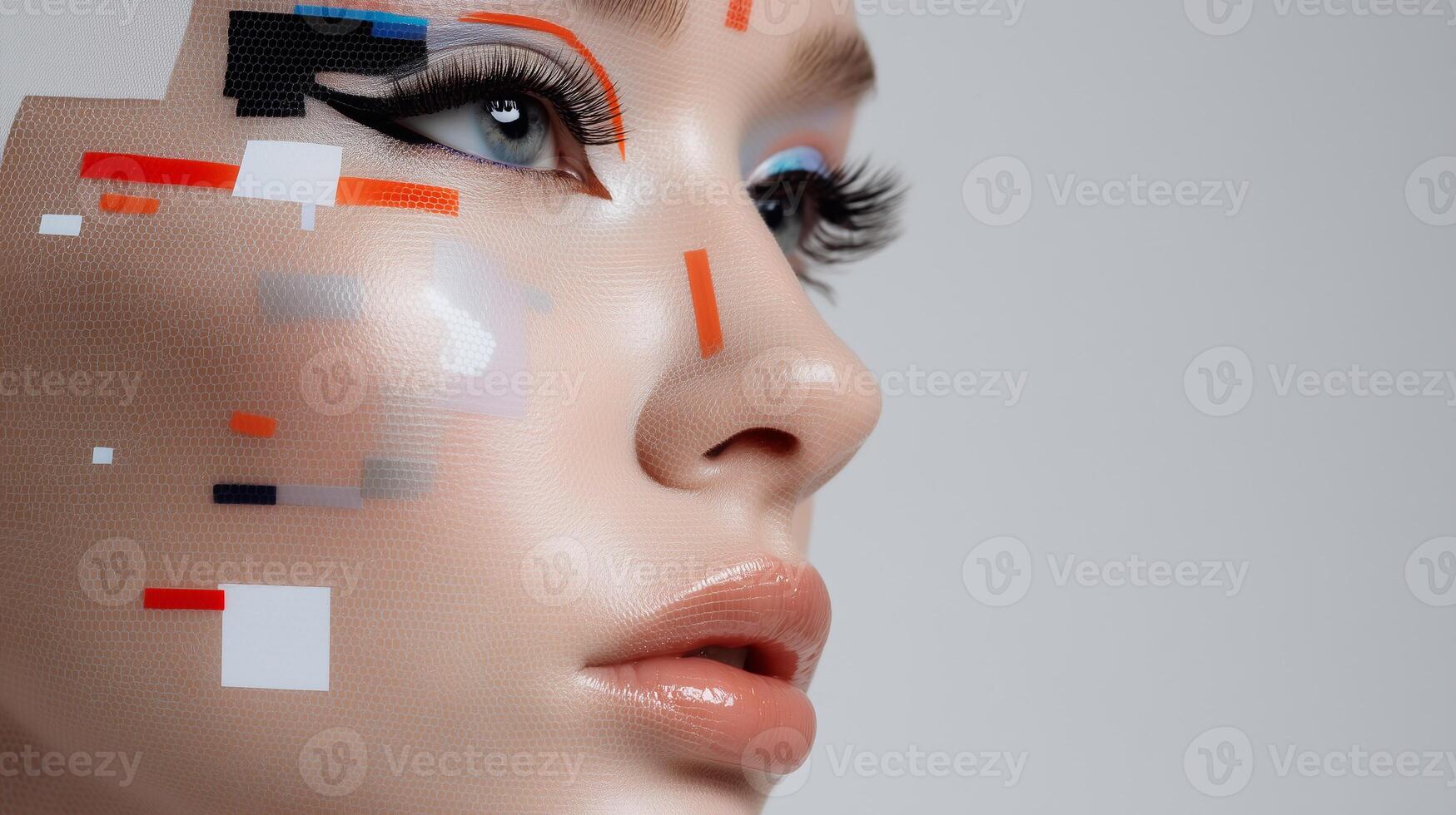 Female face with synthetic skin texture and vibrant makeup, symbolizing artificial skin innovation, biotechnology progress, and futuristic aesthetic development. photo