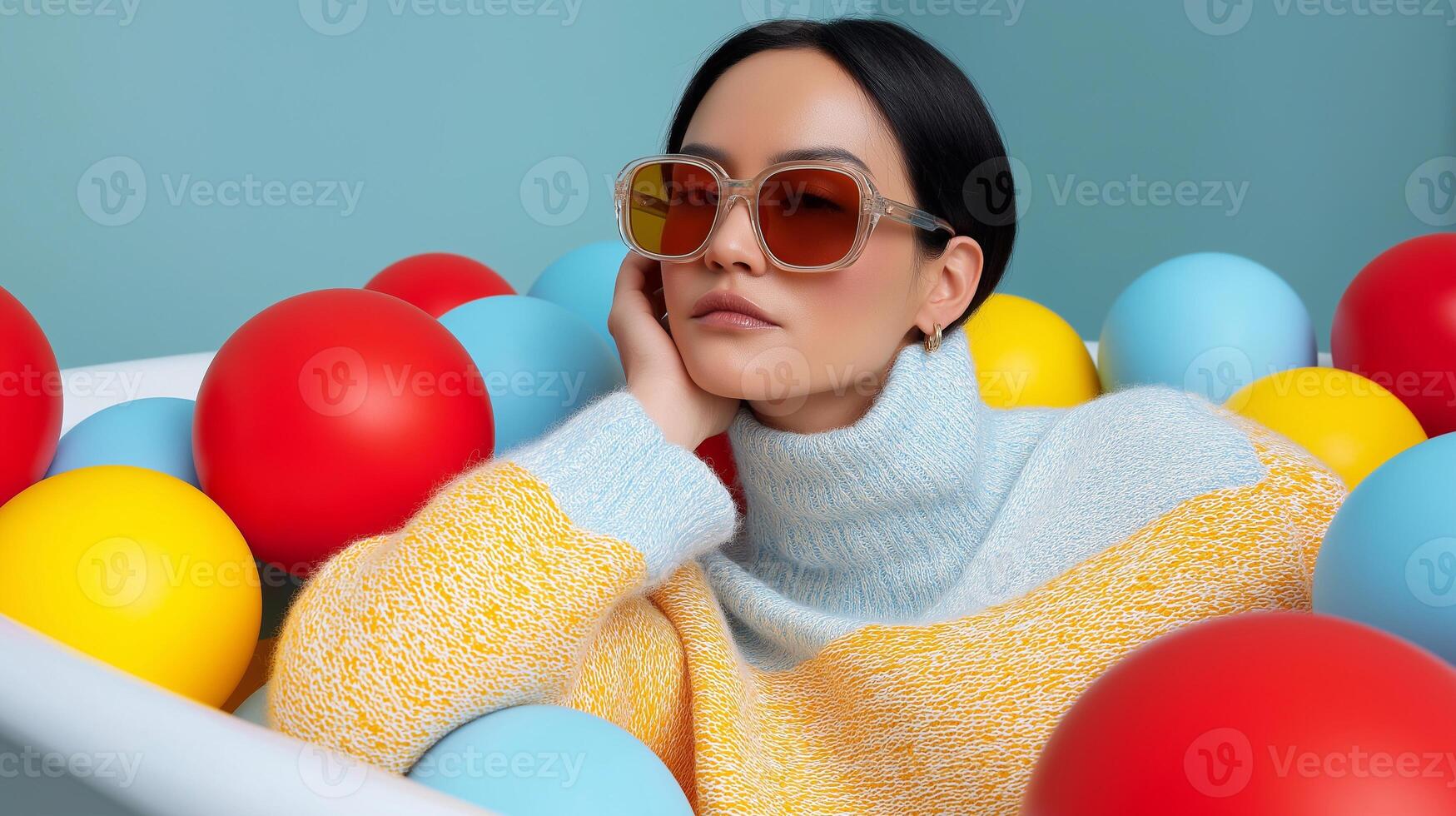 Calm adult woman in colorful sensory space, symbolizing introversion, emotional balance, and minimalist order. Concept of control, inner peace, and neurodivergent focus in vibrant design. photo