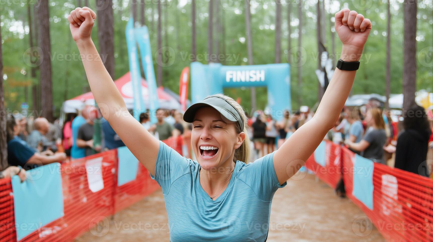 Happy athletic woman 40 celebrates victory at finish line of a trail race in a forest, arms raised in triumph, smiling with joy, symbolizing success, endurance, strength, motivation. photo